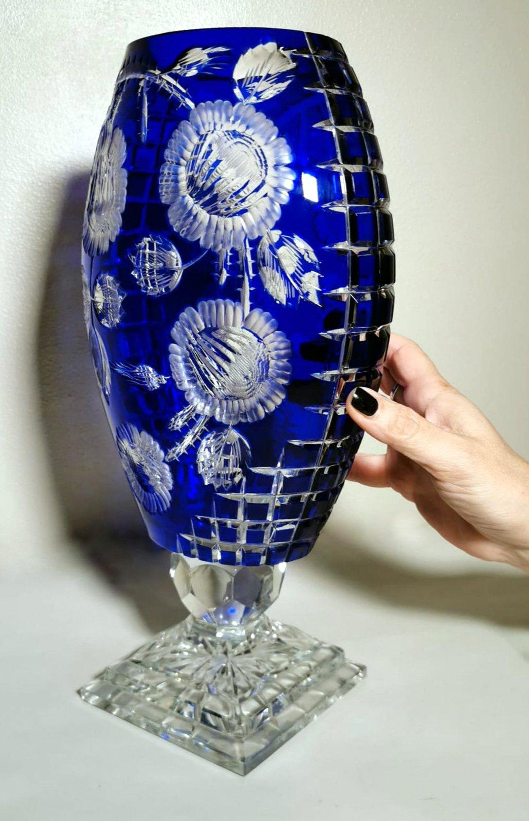 Biedermeier Style Bohemia Large Blue Crystal Vase Cut and Ground 11
