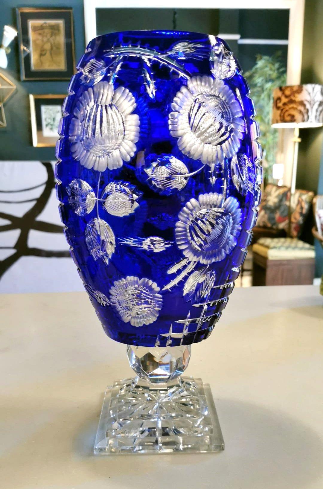Biedermeier Style Bohemia Large Blue Crystal Vase Cut and Ground 12