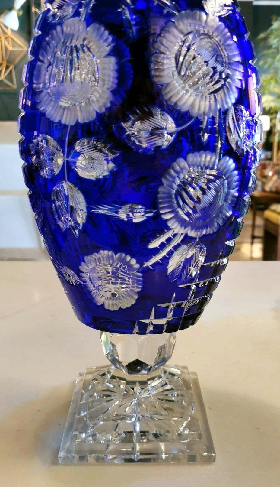 Biedermeier Style Bohemia Large Blue Crystal Vase Cut and Ground 13