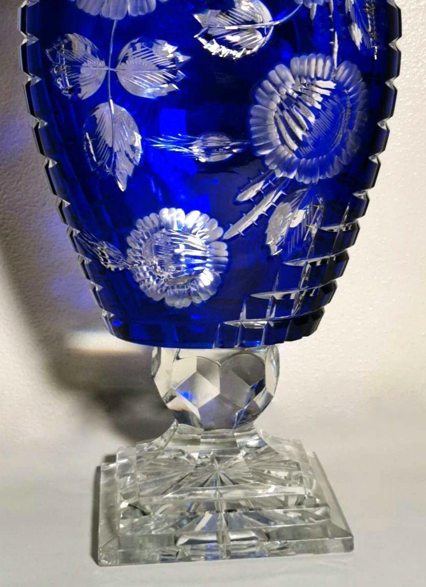 Czech Biedermeier Style Bohemia Large Blue Crystal Vase Cut and Ground
