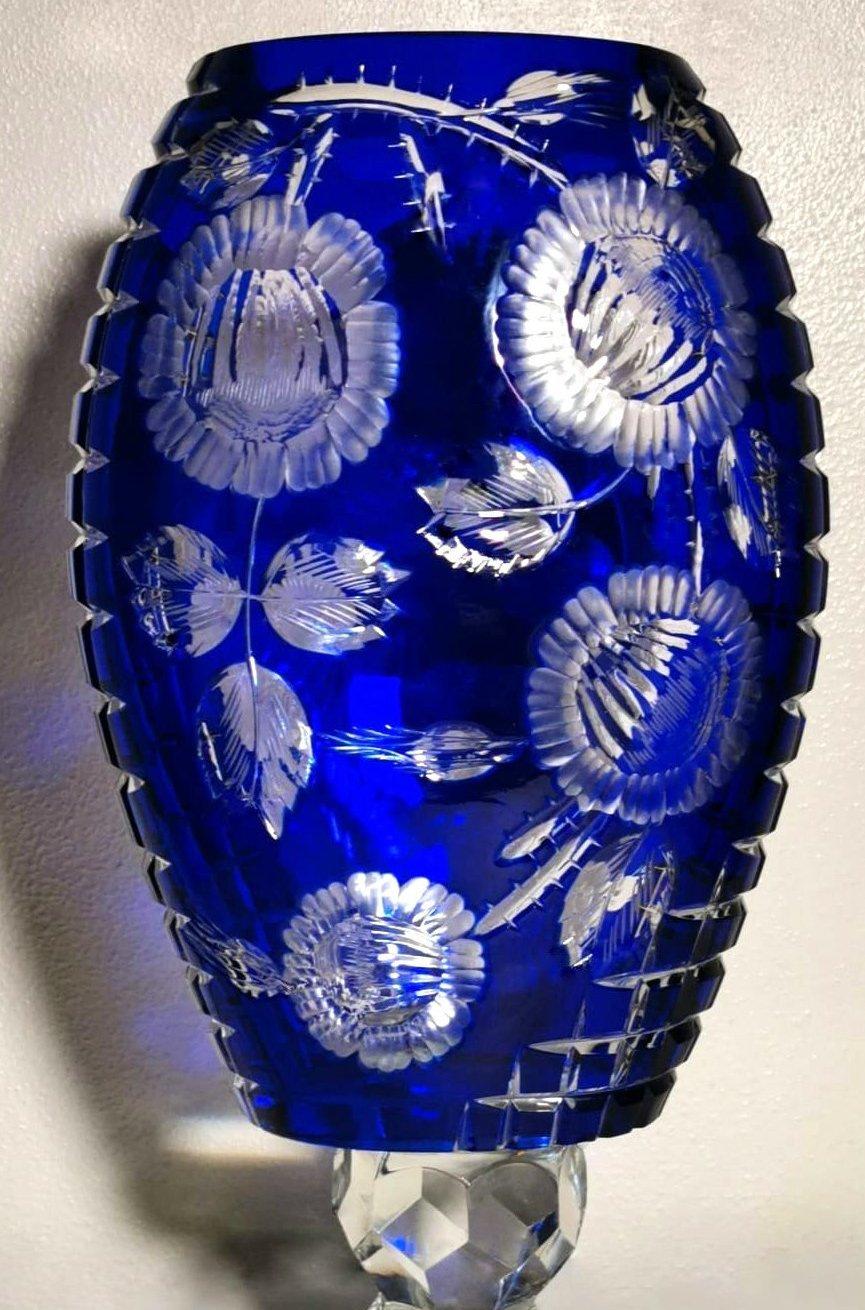 Hand-Carved Biedermeier Style Bohemia Large Blue Crystal Vase Cut and Ground