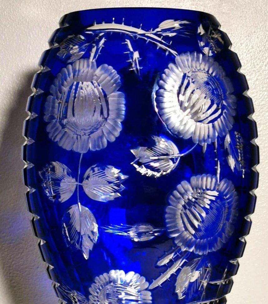 Biedermeier Style Bohemia Large Blue Crystal Vase Cut and Ground In Good Condition In Prato, Tuscany