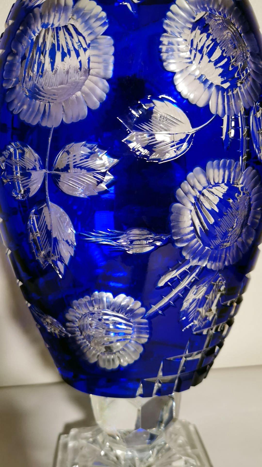 20th Century Biedermeier Style Bohemia Large Blue Crystal Vase Cut and Ground