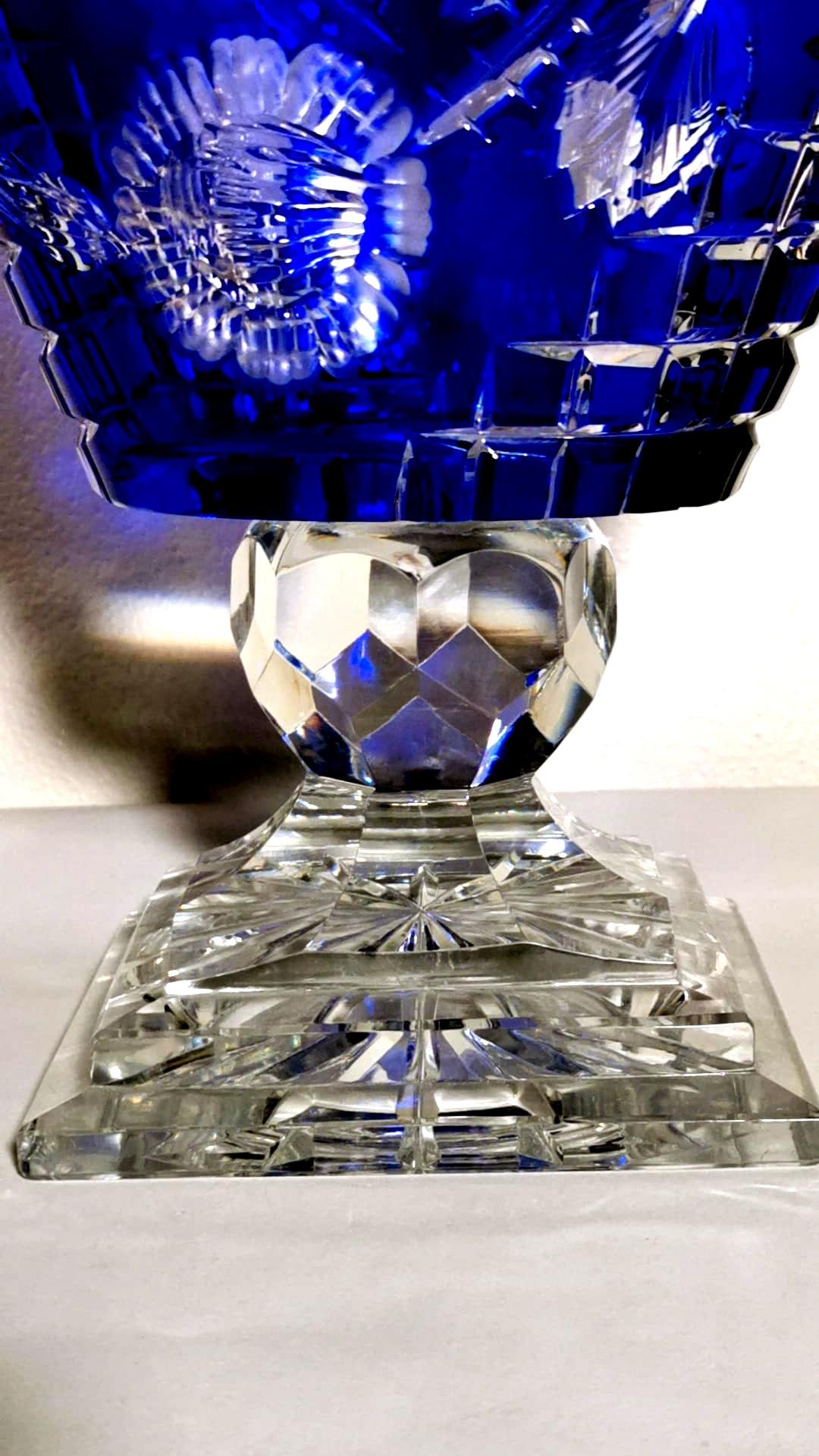 Biedermeier Style Bohemia Large Blue Crystal Vase Cut and Ground 1