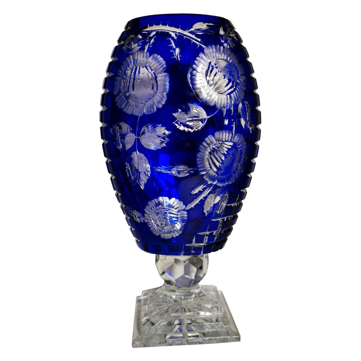 Biedermeier Style Bohemia Large Blue Crystal Vase Cut and Ground