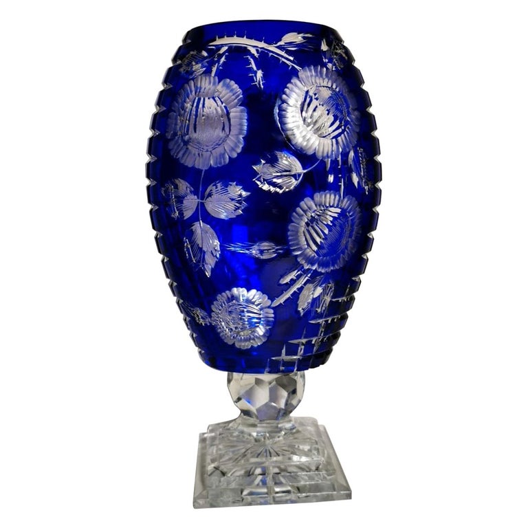 Biedermeier Style Bohemia Large Blue Crystal Vase Cut and Ground at 1stDibs  | blue cut glass vase