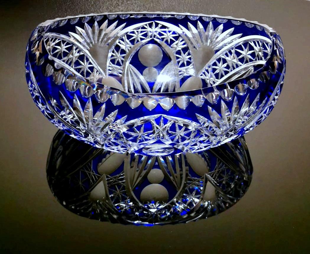 Biedermeier Style Bohemia Oval Bowl in Cut and Ground Blue Crystal 3