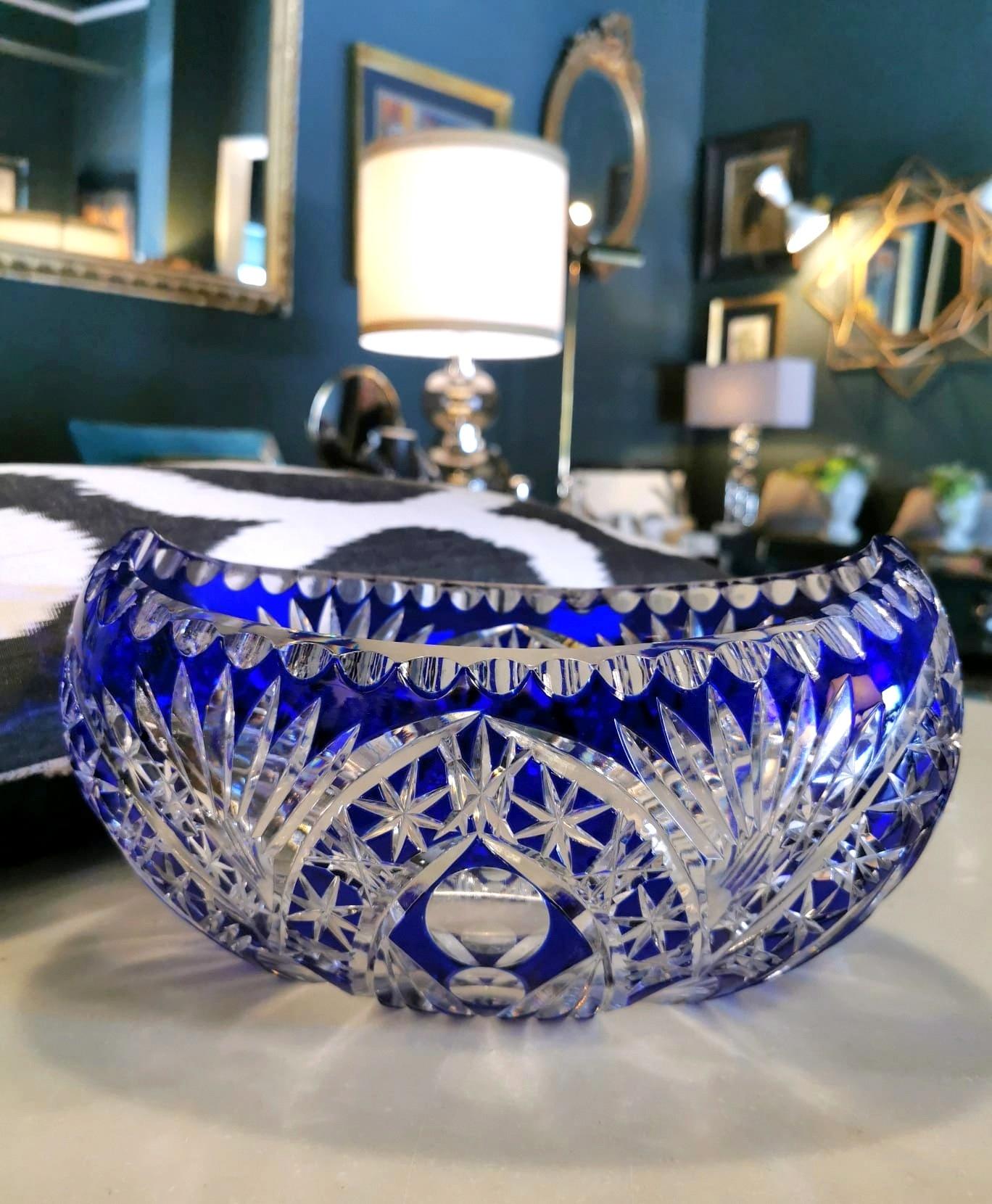 Biedermeier Style Bohemia Oval Bowl in Cut and Ground Blue Crystal 6