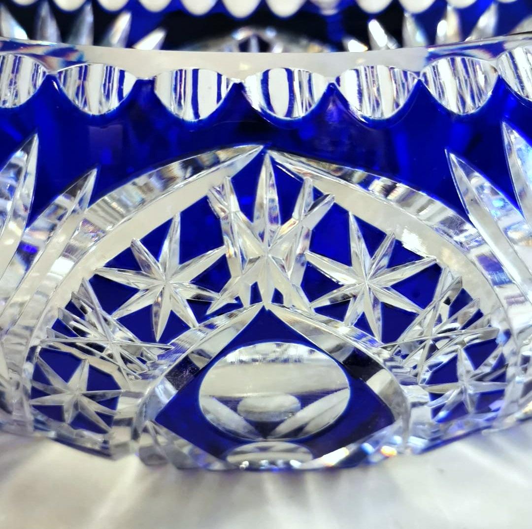 Czech Biedermeier Style Bohemia Oval Bowl in Cut and Ground Blue Crystal