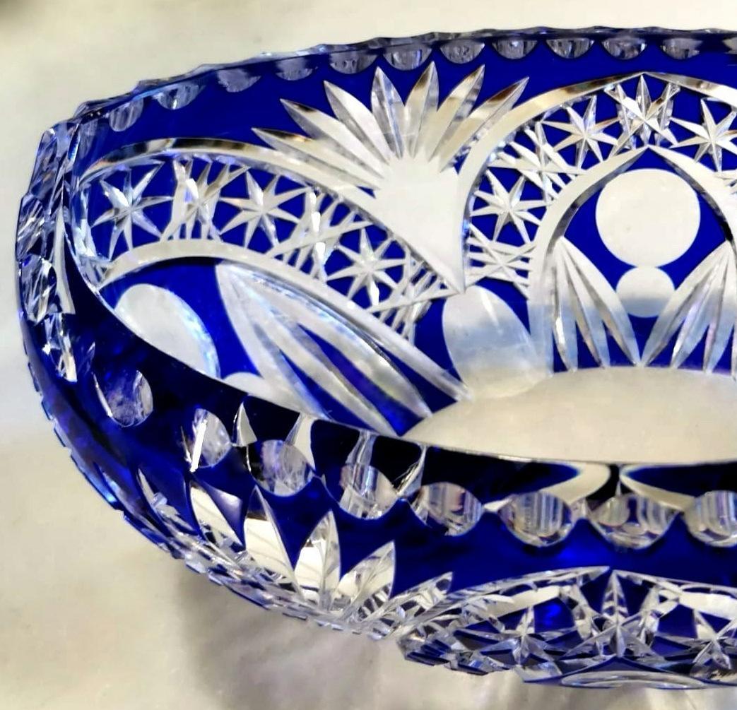 Hand-Carved Biedermeier Style Bohemia Oval Bowl in Cut and Ground Blue Crystal