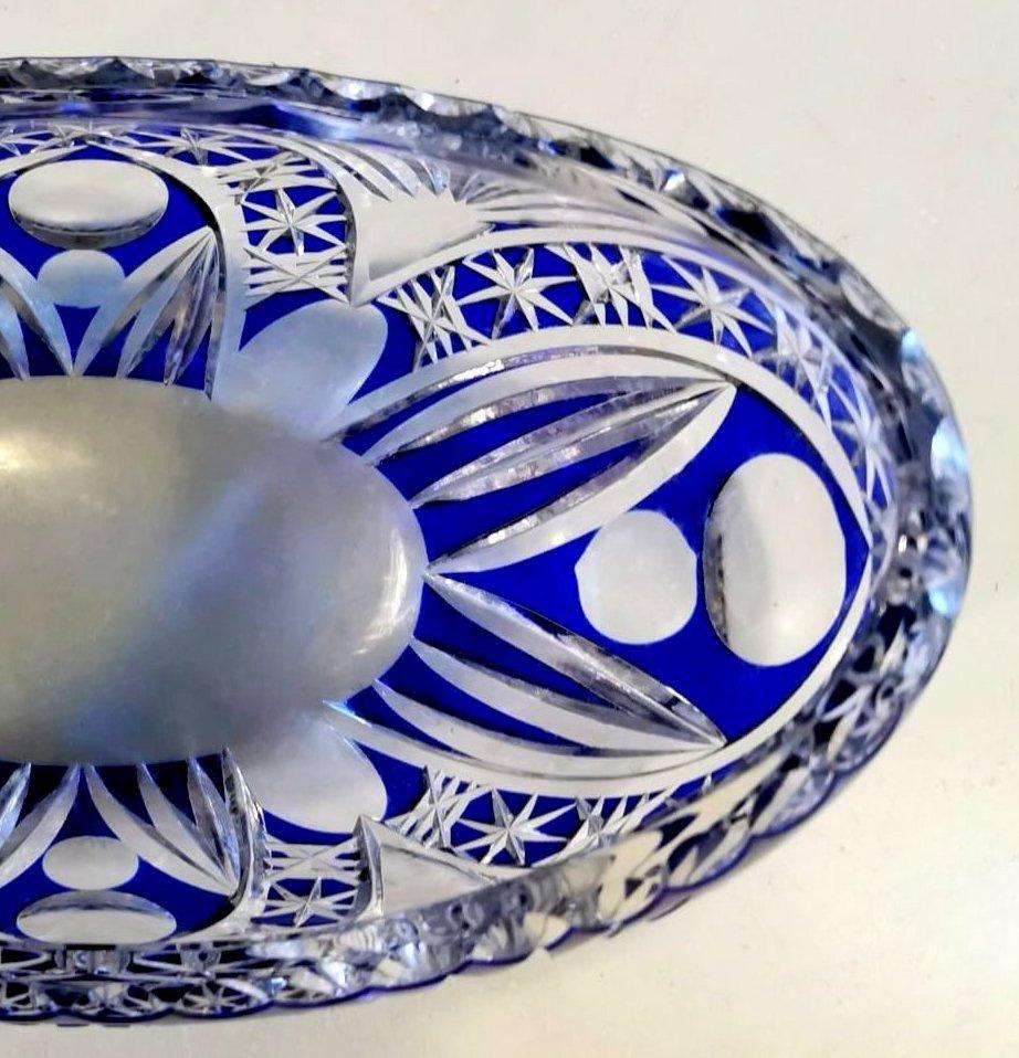Biedermeier Style Bohemia Oval Bowl in Cut and Ground Blue Crystal In Good Condition In Prato, Tuscany