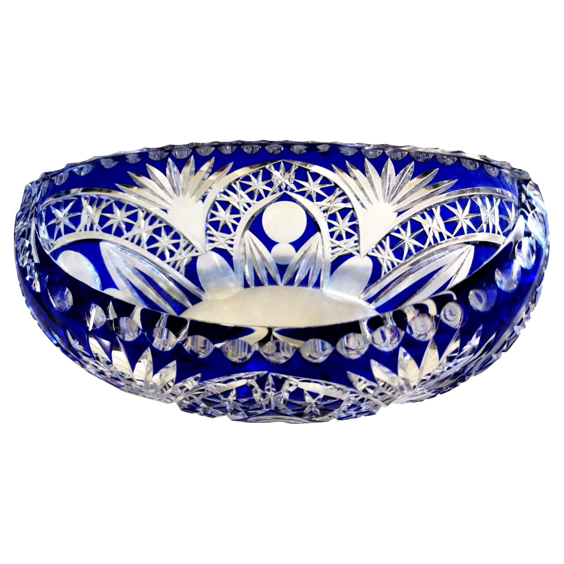 Biedermeier Style Bohemia Oval Bowl in Cut and Ground Blue Crystal