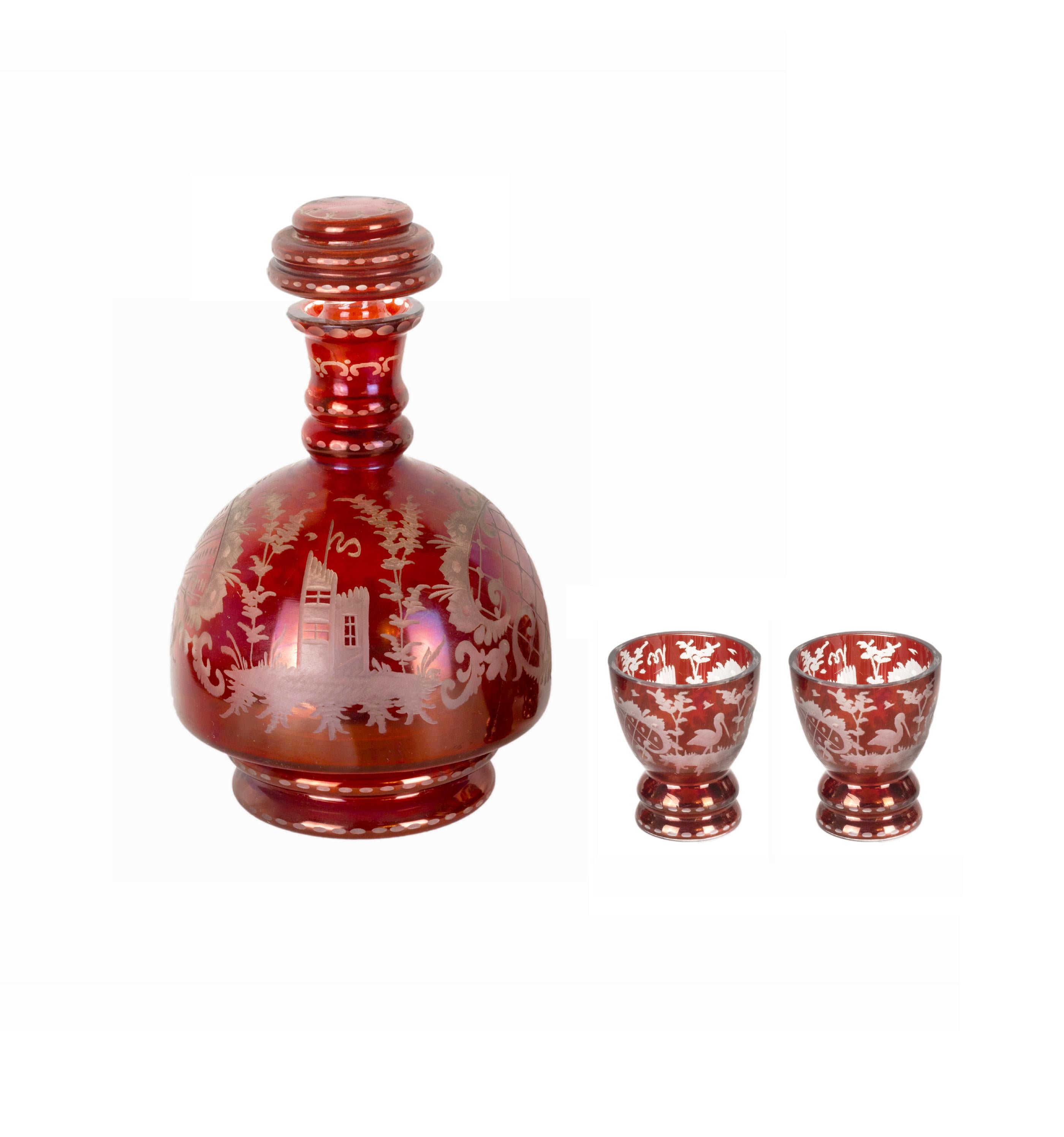 Biedermeier Style Bohemian Crystal Bottle and Glasses Set, 20th Century In Good Condition For Sale In Lisbon, PT