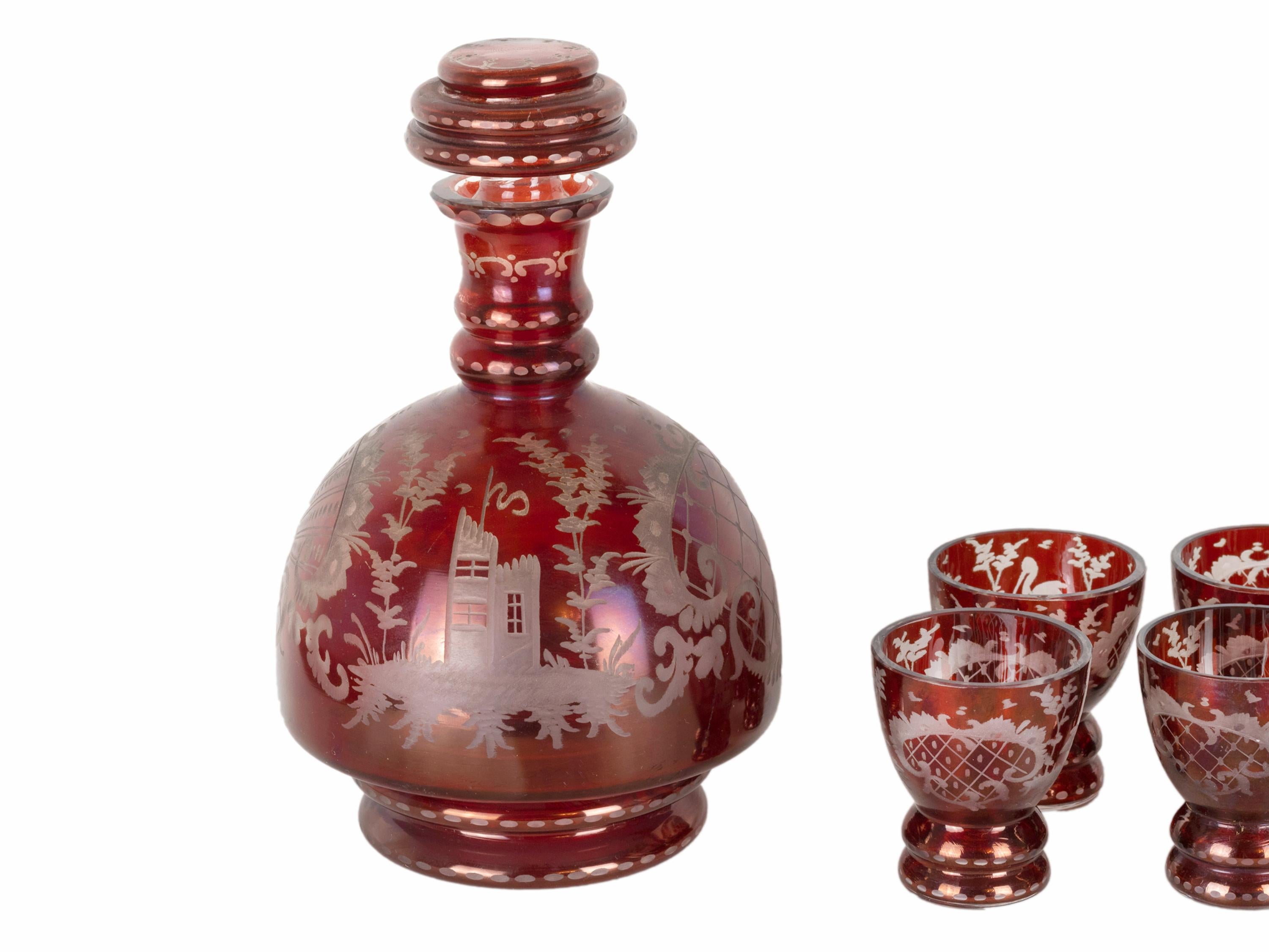 Biedermeier Style Bohemian Crystal Bottle and Glasses Set, 20th Century For Sale 1