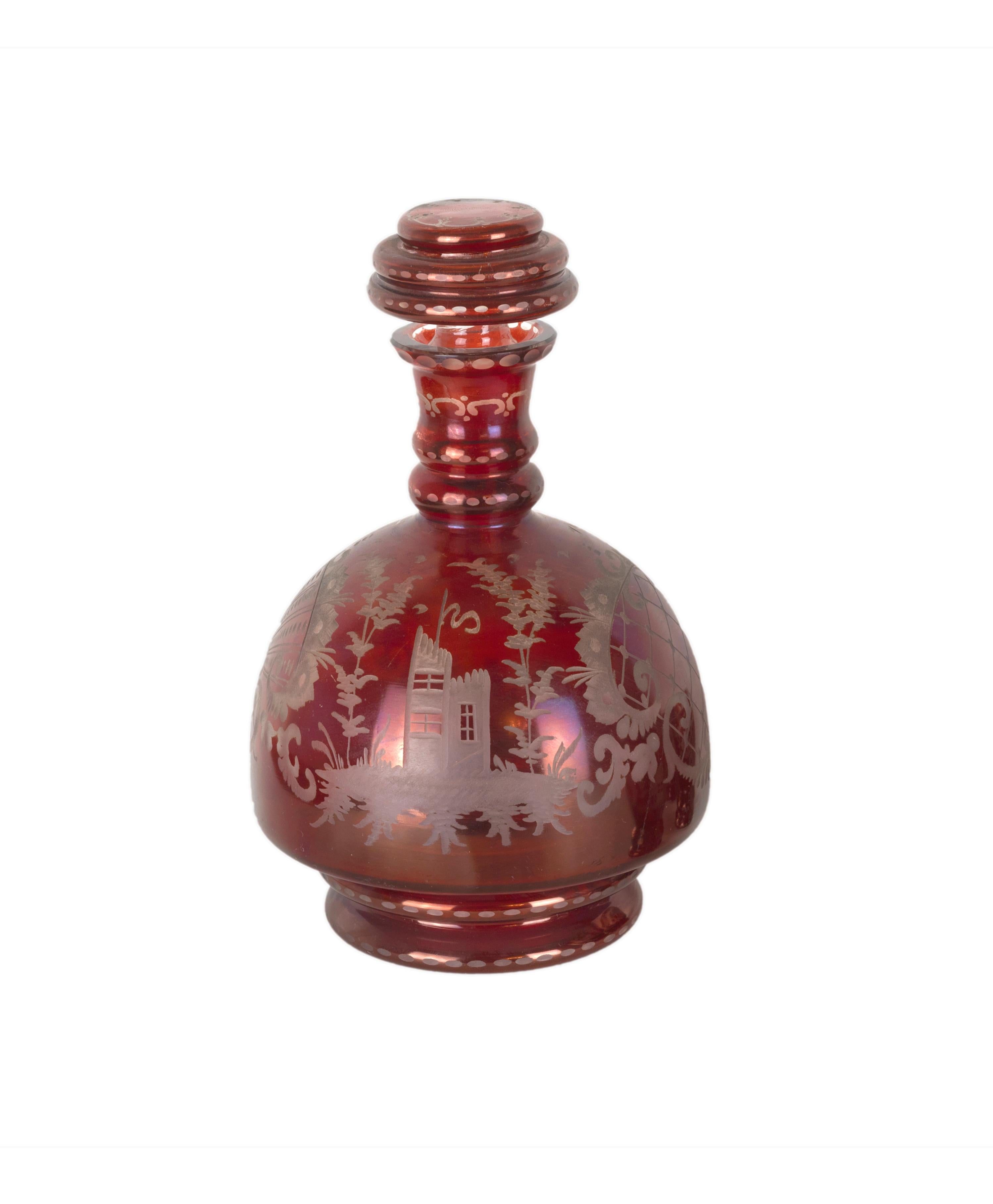 Biedermeier Style Bohemian Crystal Bottle and Glasses Set, 20th Century For Sale 2