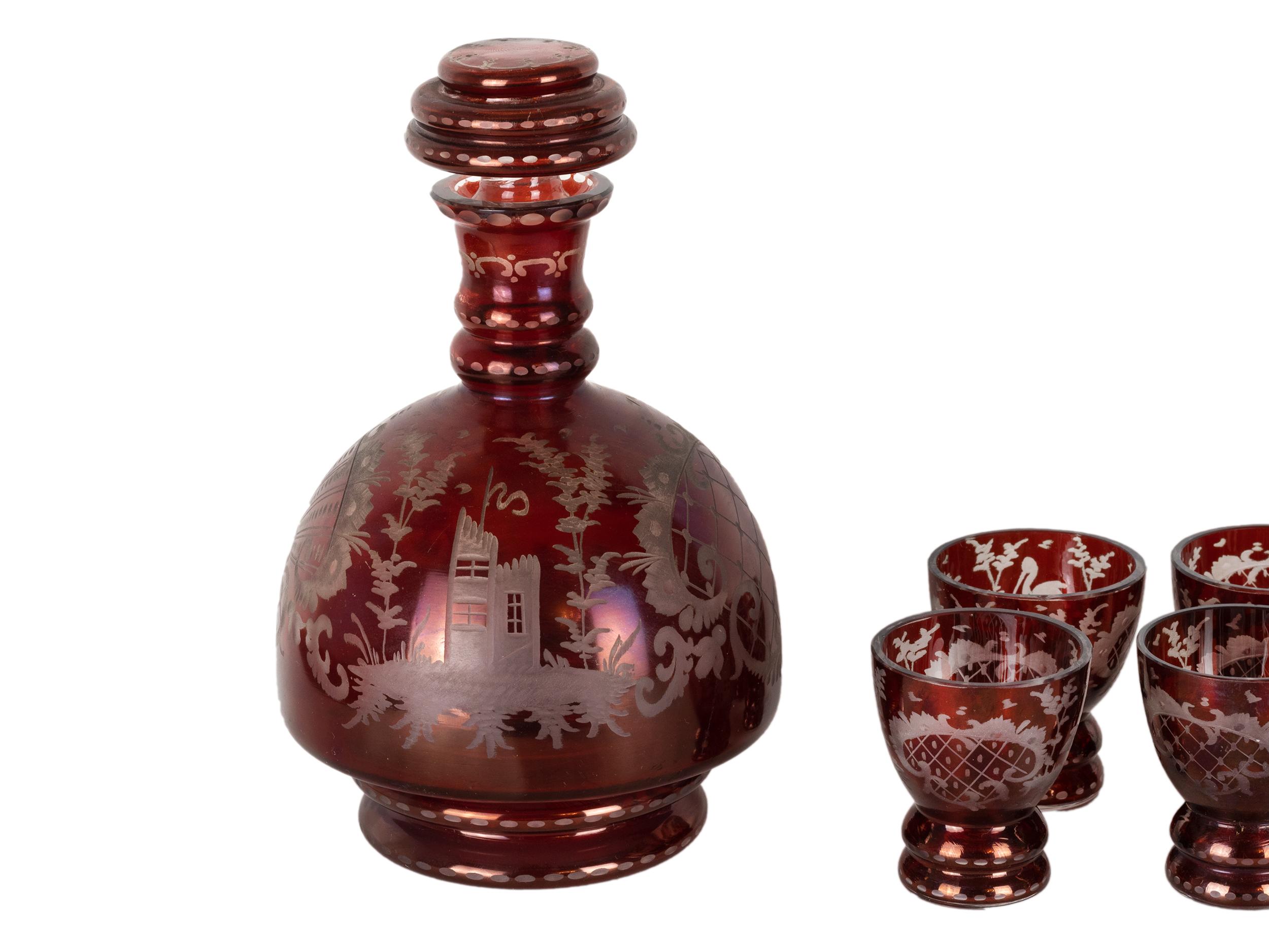 Czech Biedermeier Style Bohemian Crystal Bottle and Glasses Set (Early 20th Century) For Sale