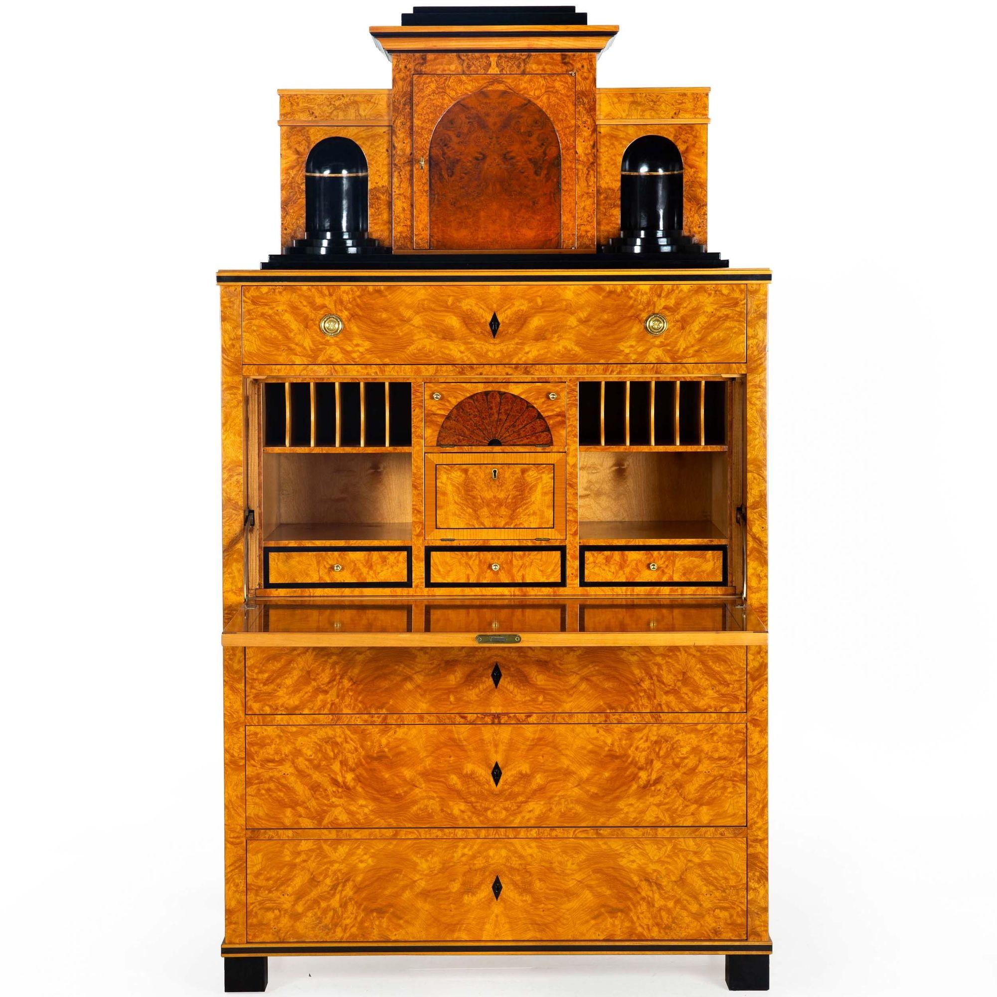 BIEDERMEIER STYLE BURLED BIRCHWOOD SECRETARY DESK
Executed by Colombo Mobili, ca. 21st century
Item # 411OBP20A

A truly remarkable Biedermeier style secretaire a'abattant desk from the custom furniture maker Colombo Mobili of Italy. It is a 21st