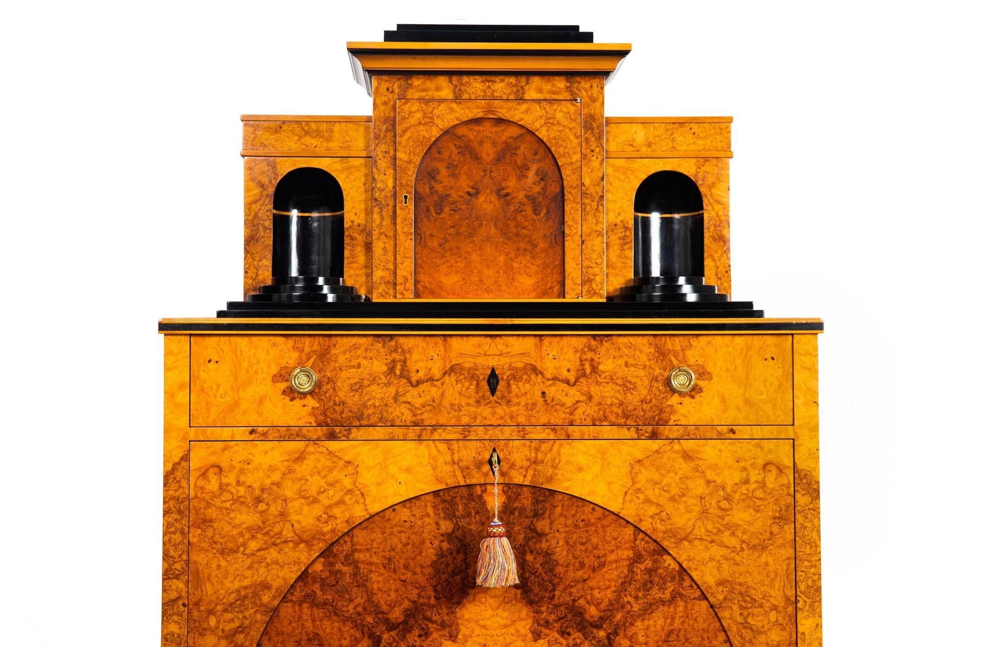 Brass Biedermeier Style Burled Birchwood Secretary Desk by Colombo Mobili For Sale