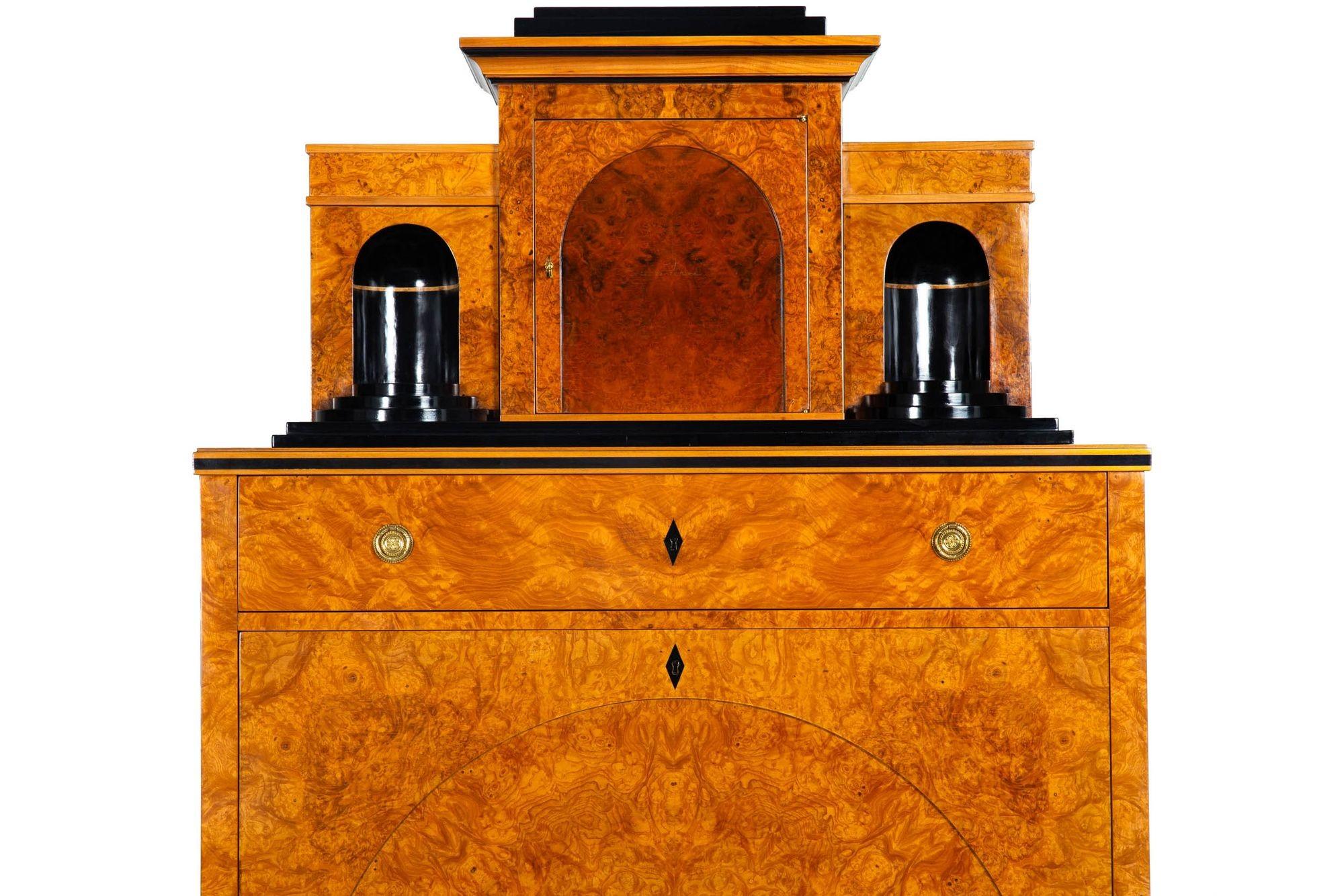 Brass Biedermeier Style Burled Birchwood Secretary Desk by Colombo Mobili For Sale