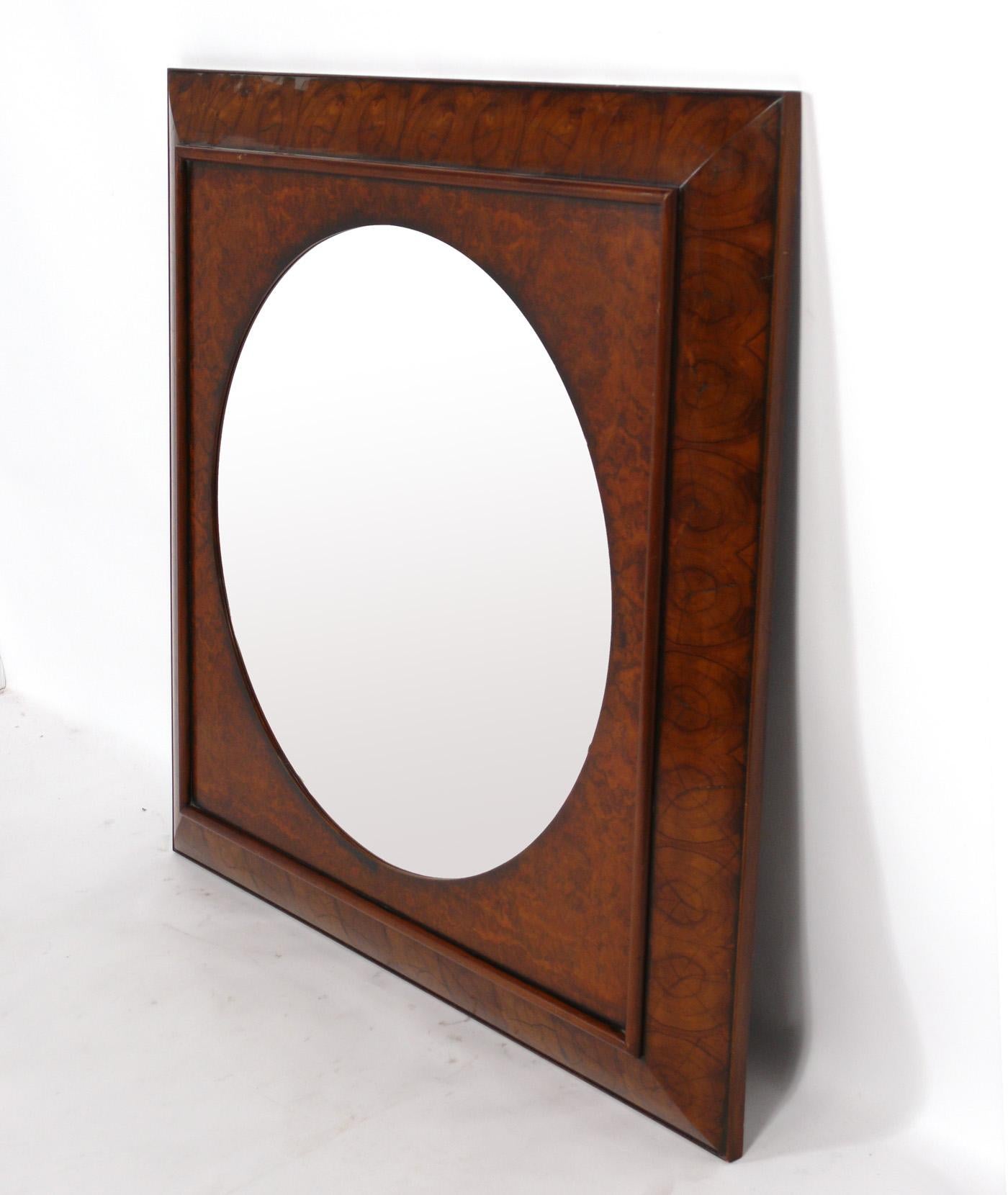Beautiful Burl Grain Biedermeier Style Mirror, believed to be circa 1960s, possibly earlier. This mirror was recently removed from the legendary Carlyle Hotel in NYC. It measures an impressive 42.25