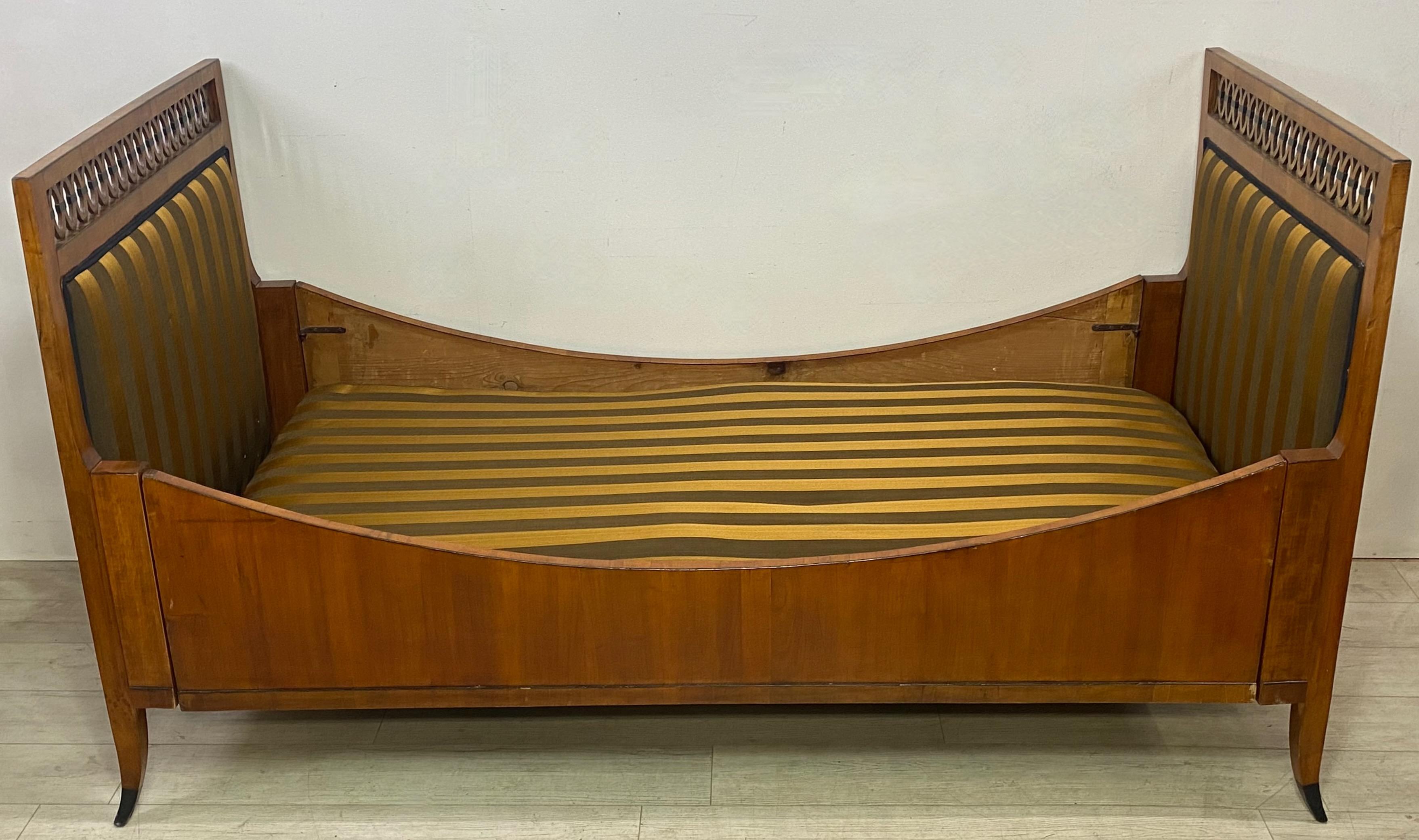 A genuine Biedermeier style daybed, cherrywood with ebonized detail.
The custom made McRoskey mattress is a standard twin size. The mattress could use a simple made box or platform to lift it 1.25 to 4 inches if desired.
Beautiful old finish, in