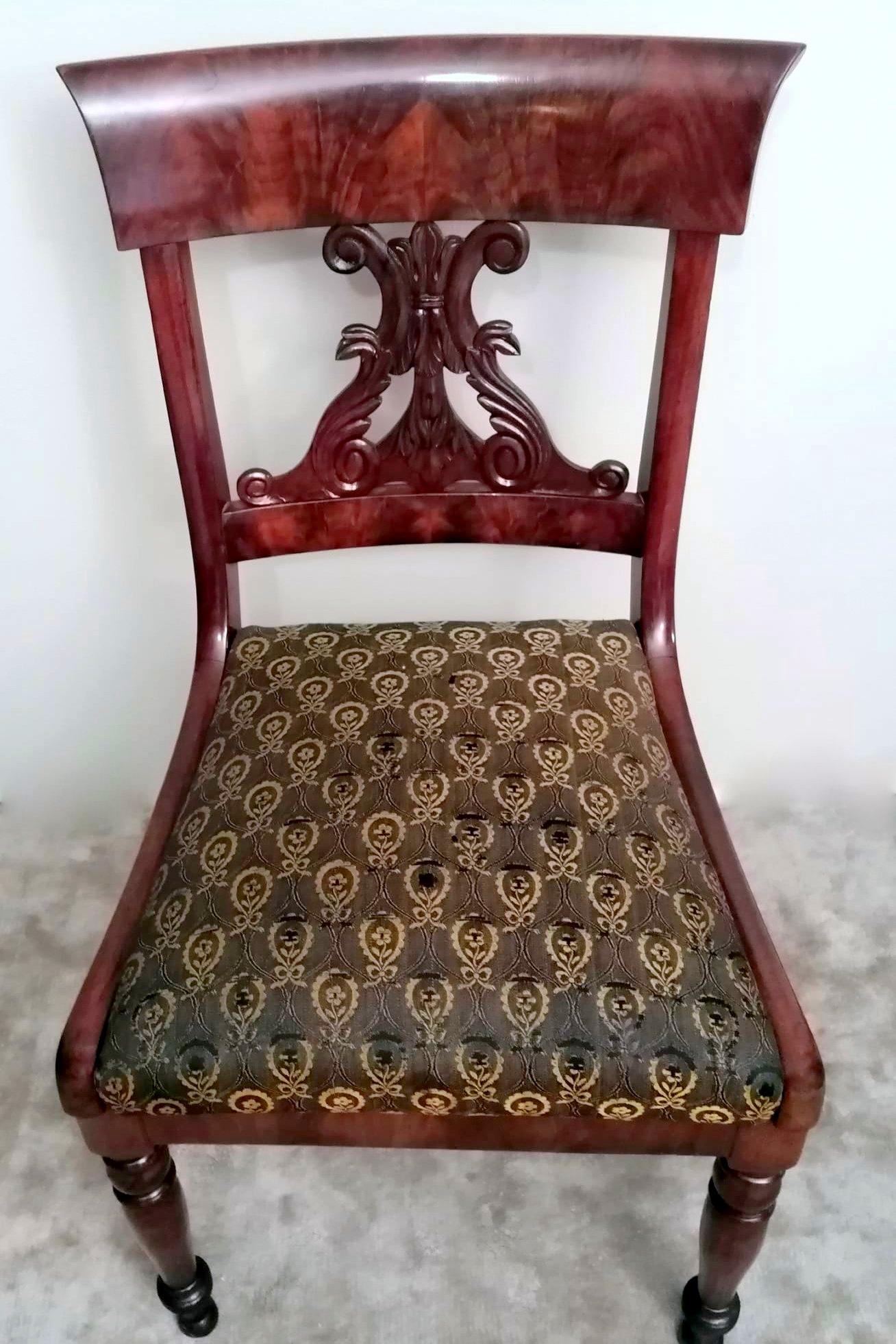 Carved Biedermeier Style Danish Chair in Wood and Fabric For Sale