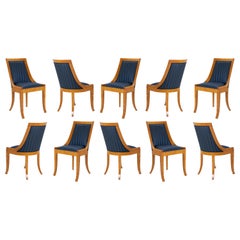 Biedermeier Style Dining Chairs in Royal Blue and Burlwood, Set of 10