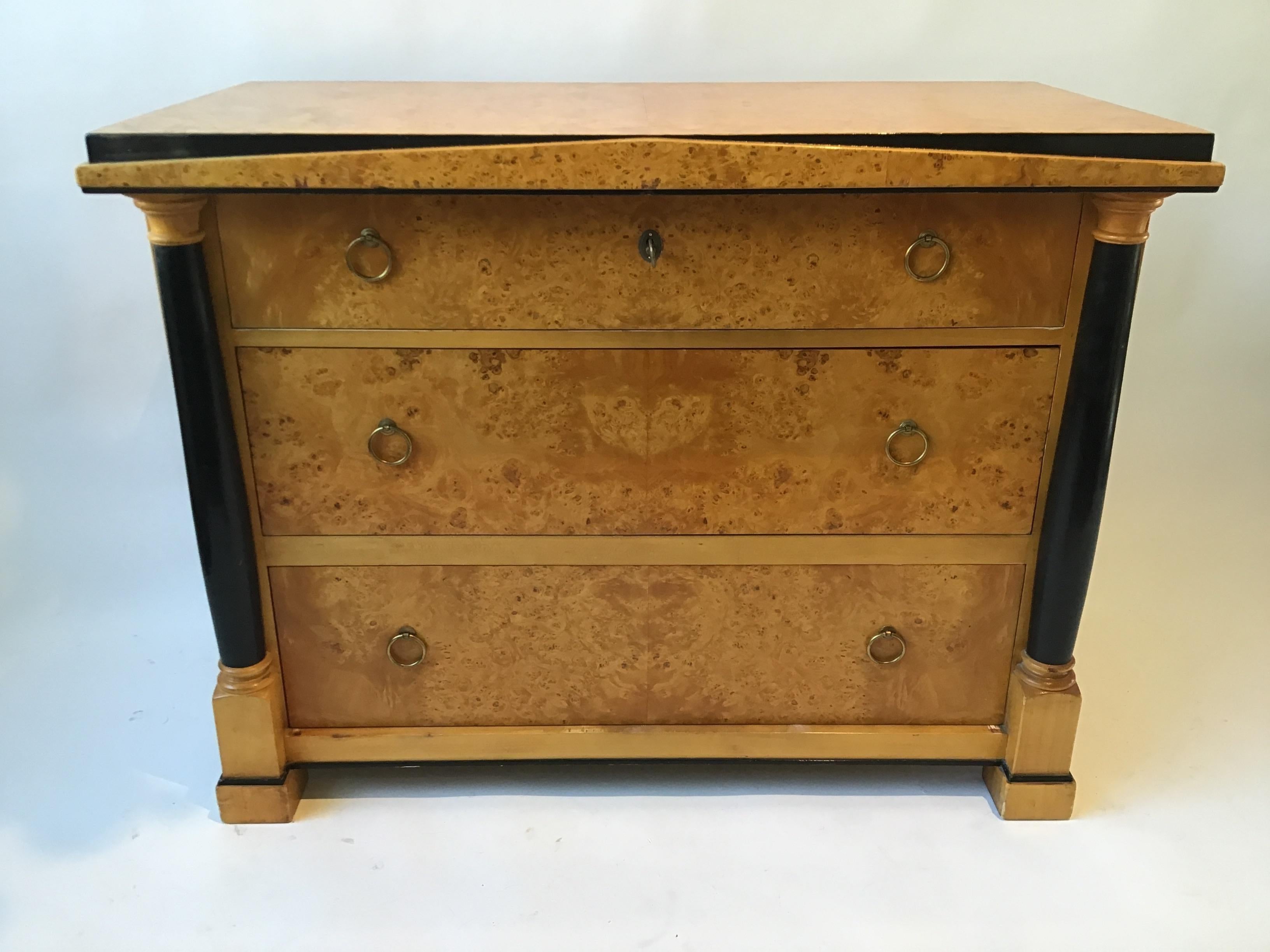 1970s Biedermeier style 3 drawer dresser made in Italy. Burl wood. From a Southampton, NY estate.