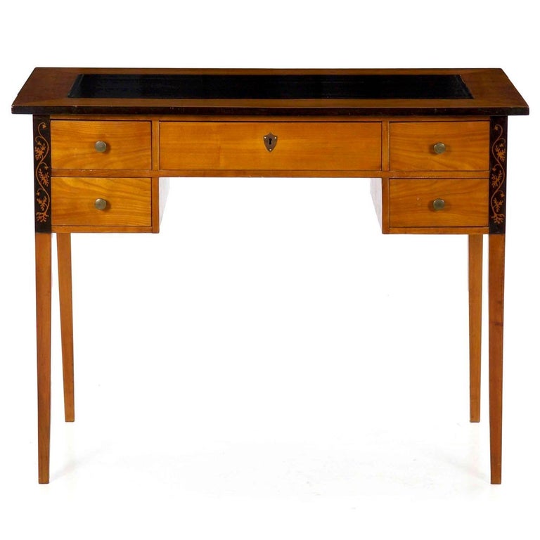 Biedermeier Style Inlaid Fruitwood Black Leather Antique Writing European Biedermeier Style Inlaid Fruitwood Black Leather Antique Writing Table Desk For
