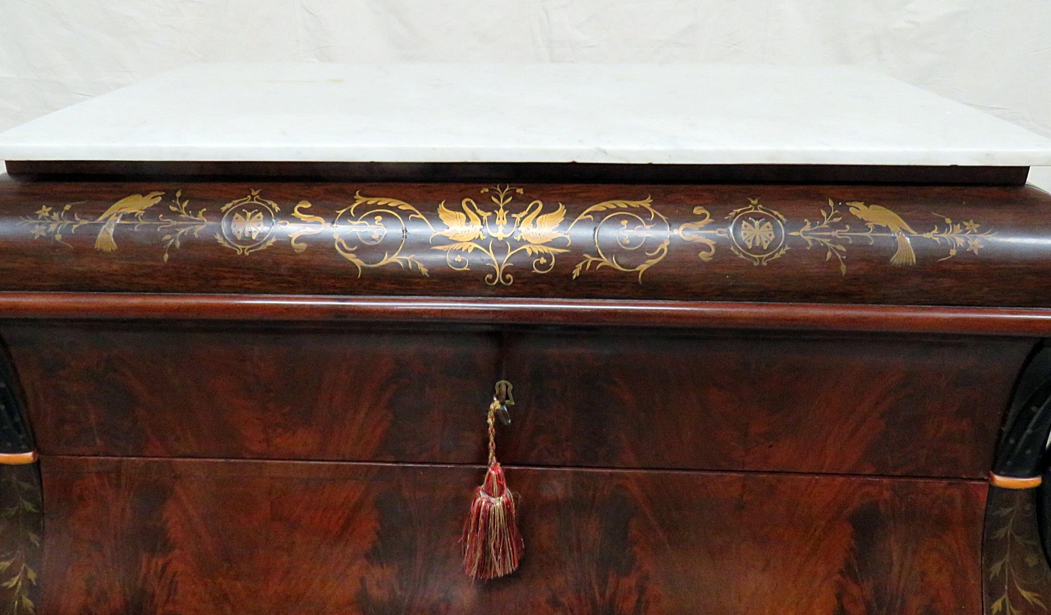 Biedermeier Large Brass Inlaid Flame Mahogany Swan Carved Commode Chest of Drawers
