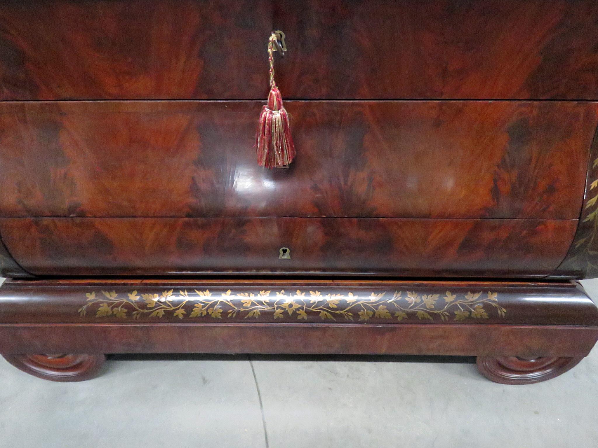 Large Brass Inlaid Flame Mahogany Swan Carved Commode Chest of Drawers In Good Condition In Swedesboro, NJ
