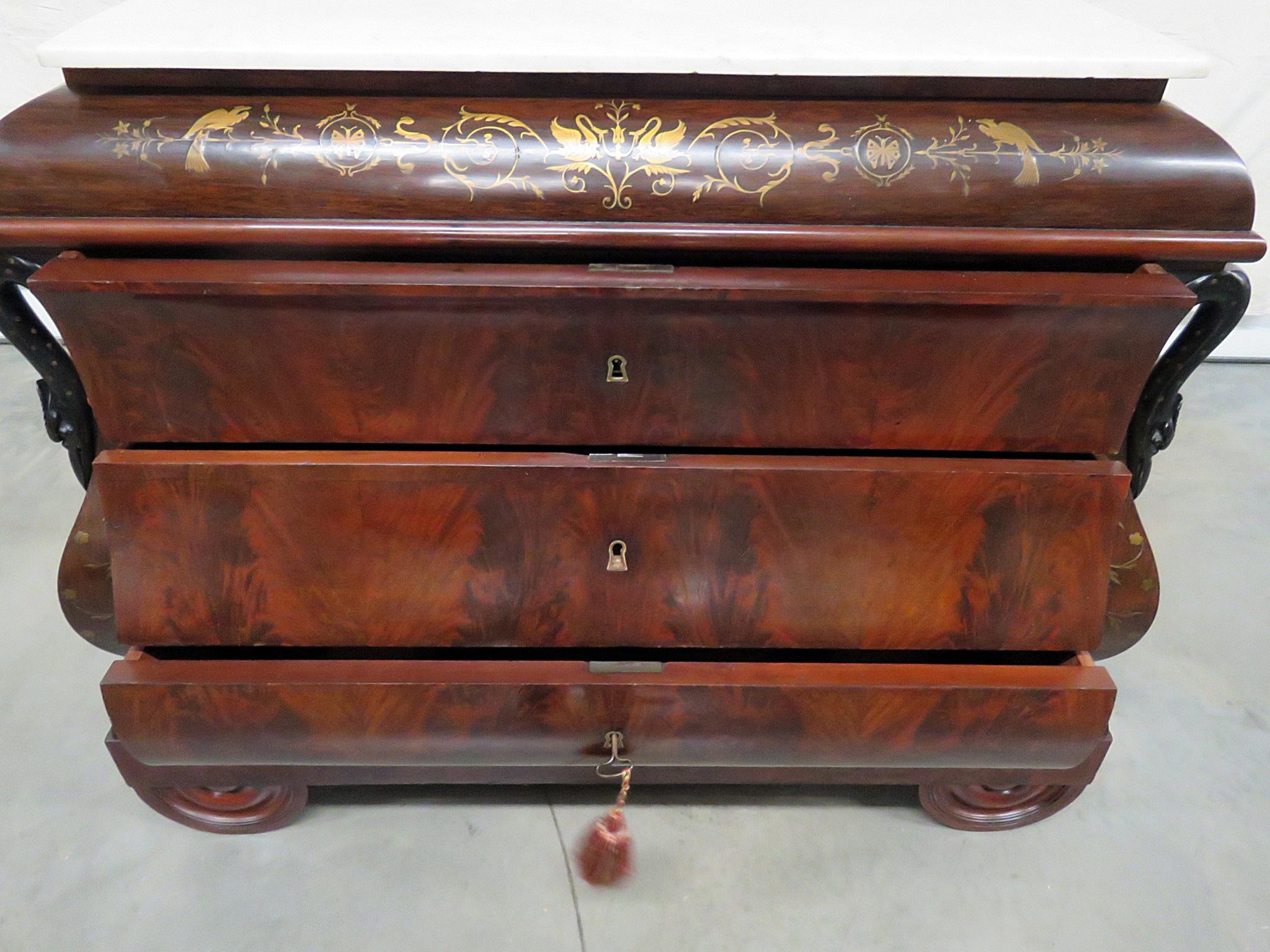 19th Century Large Brass Inlaid Flame Mahogany Swan Carved Commode Chest of Drawers