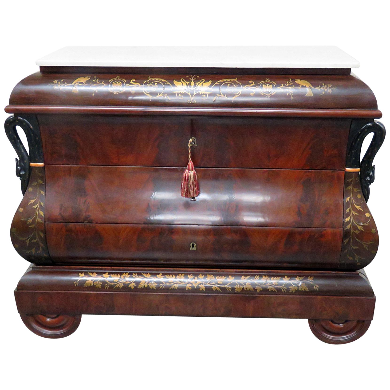 Large Brass Inlaid Flame Mahogany Swan Carved Commode Chest of Drawers