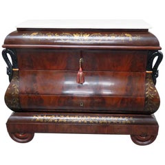 Large Brass Inlaid Flame Mahogany Swan Carved Commode Chest of Drawers