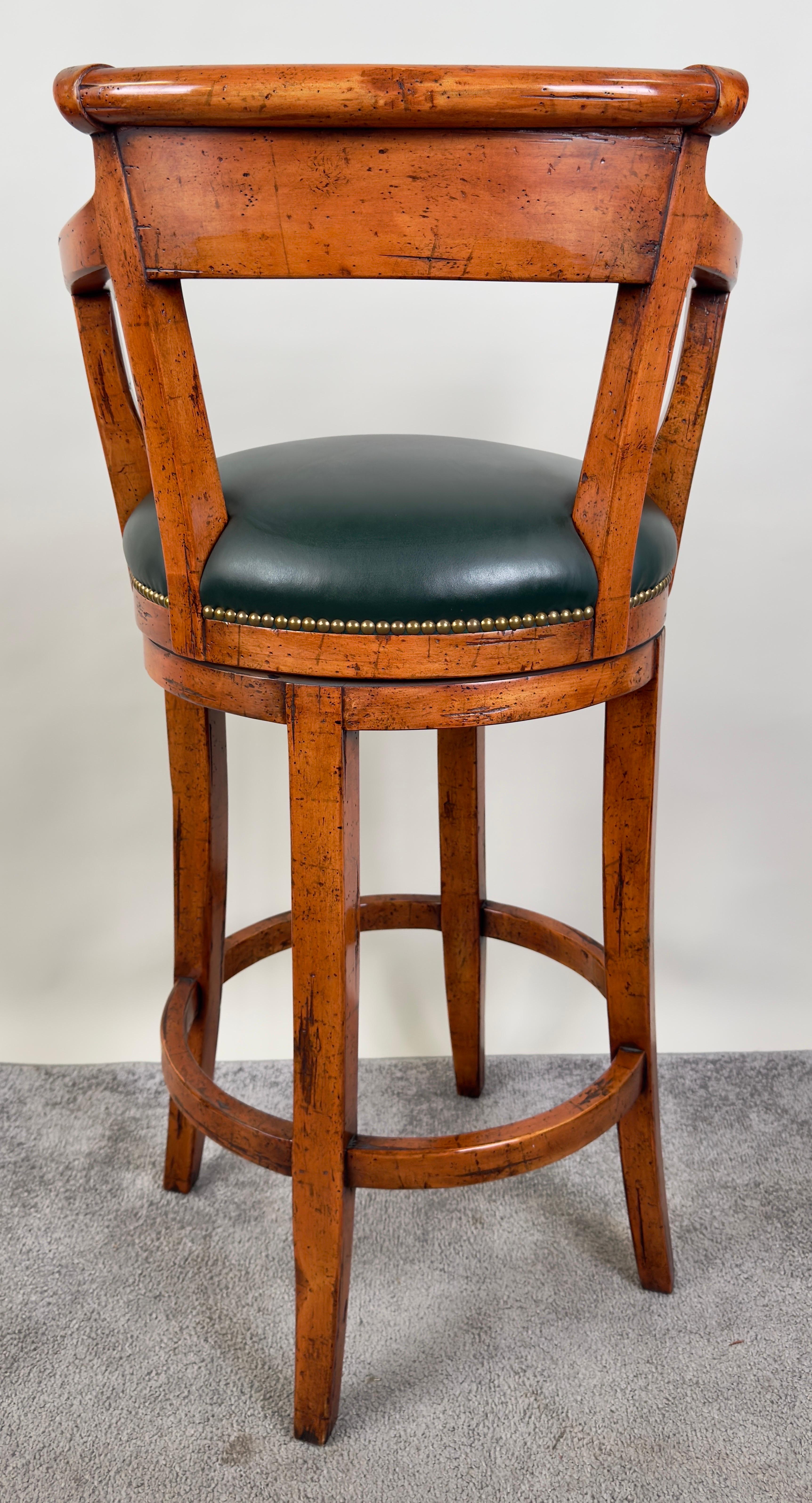 Biedermeier Style Oak Wood Swivel Bar Stool with Green Leather Seat, a Pair 5