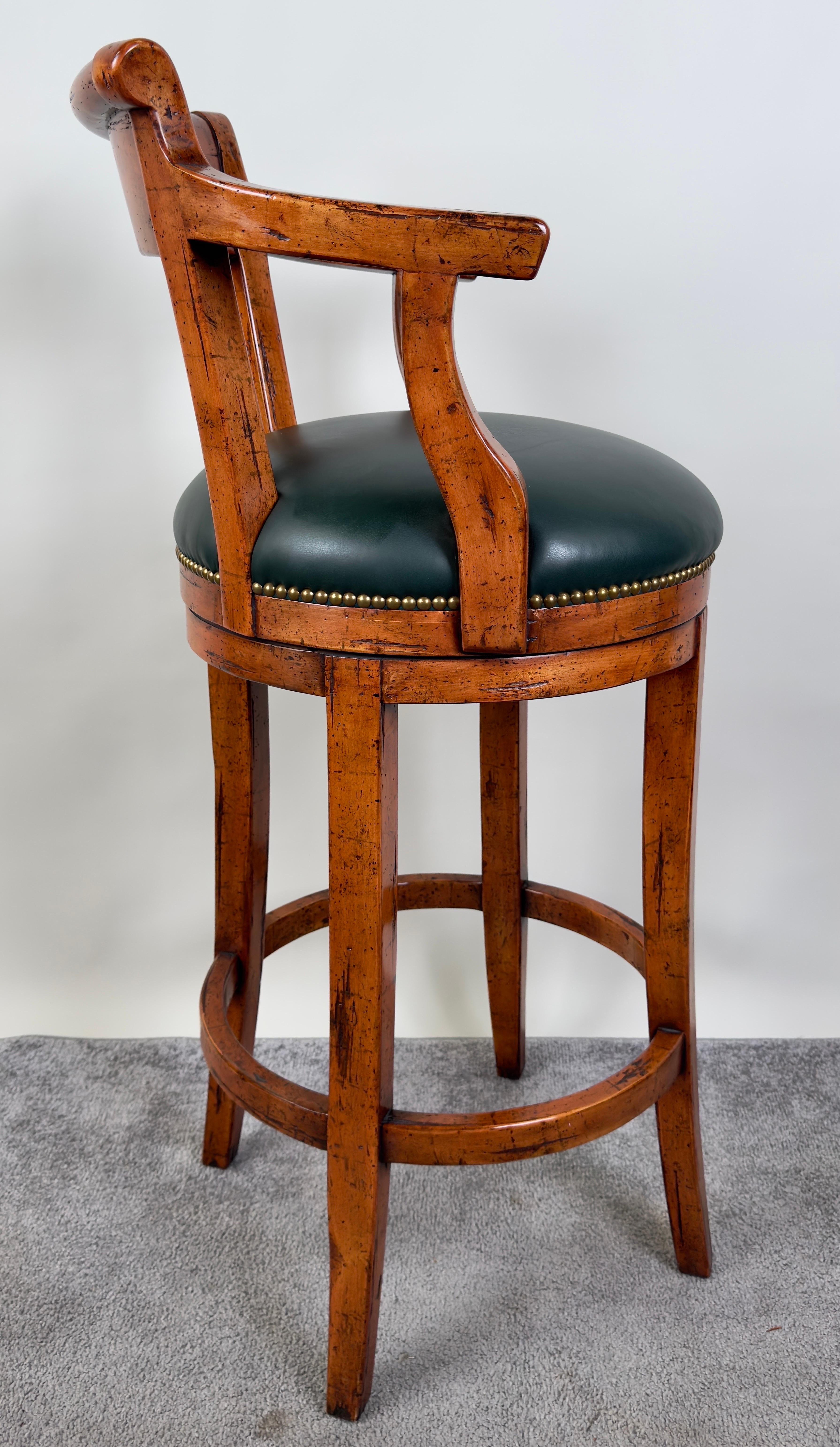 Biedermeier Style Oak Wood Swivel Bar Stool with Green Leather Seat, a Pair 6