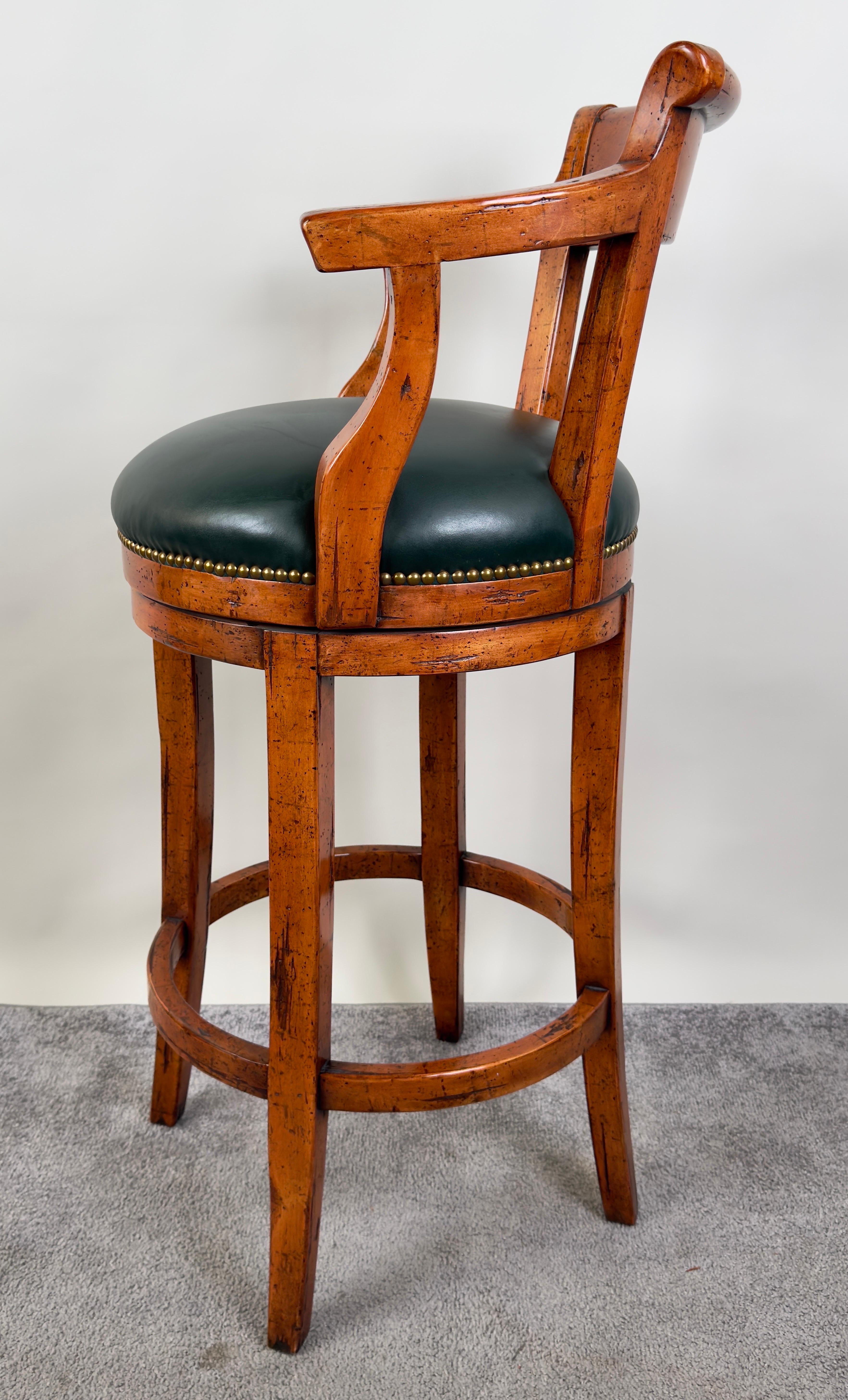 Biedermeier Style Oak Wood Swivel Bar Stool with Green Leather Seat, a Pair 7