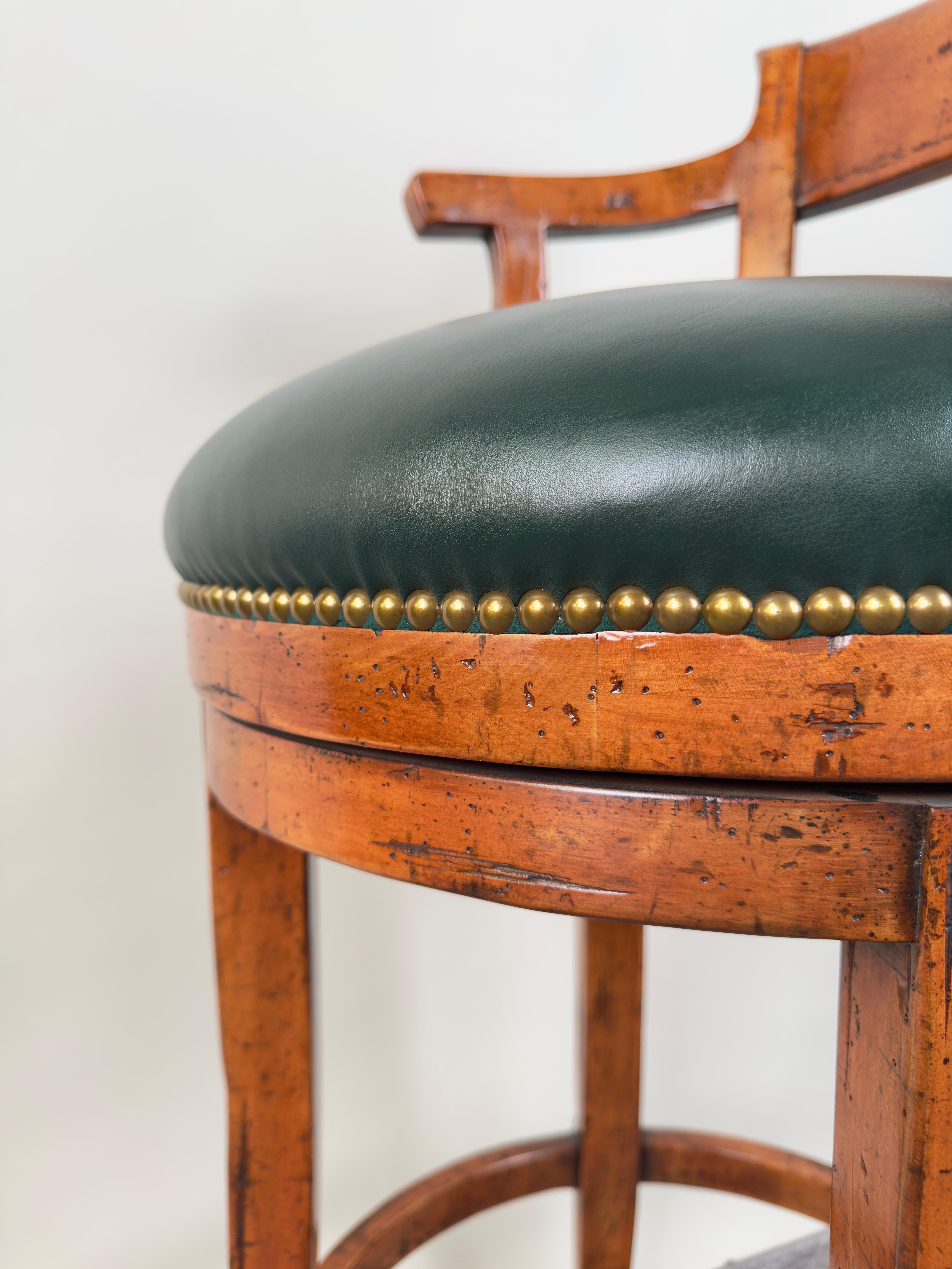 Biedermeier Style Oak Wood Swivel Bar Stool with Green Leather Seat, a Pair 8
