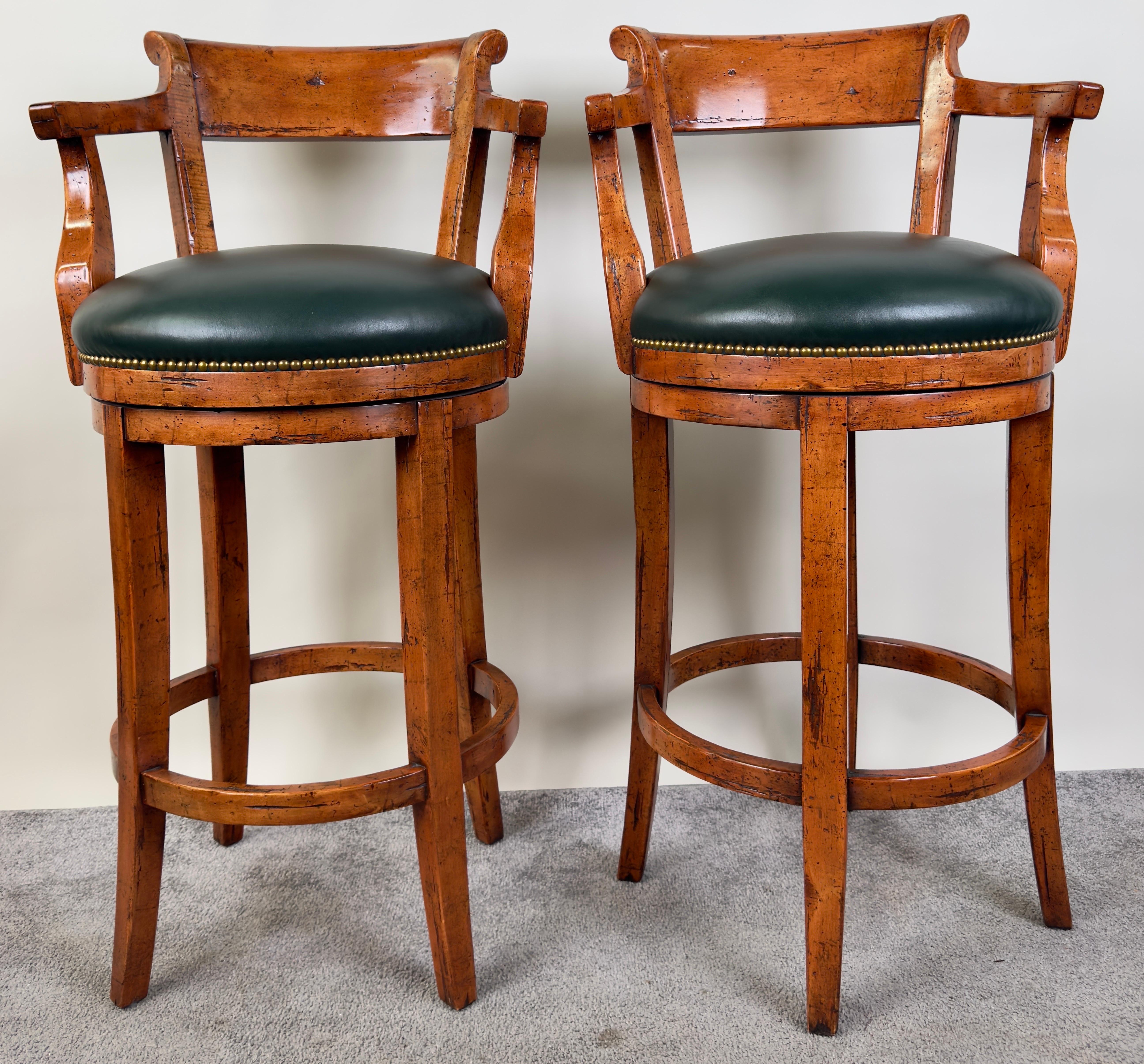 European Biedermeier Style Oak Wood Swivel Bar Stool with Green Leather Seat, a Pair