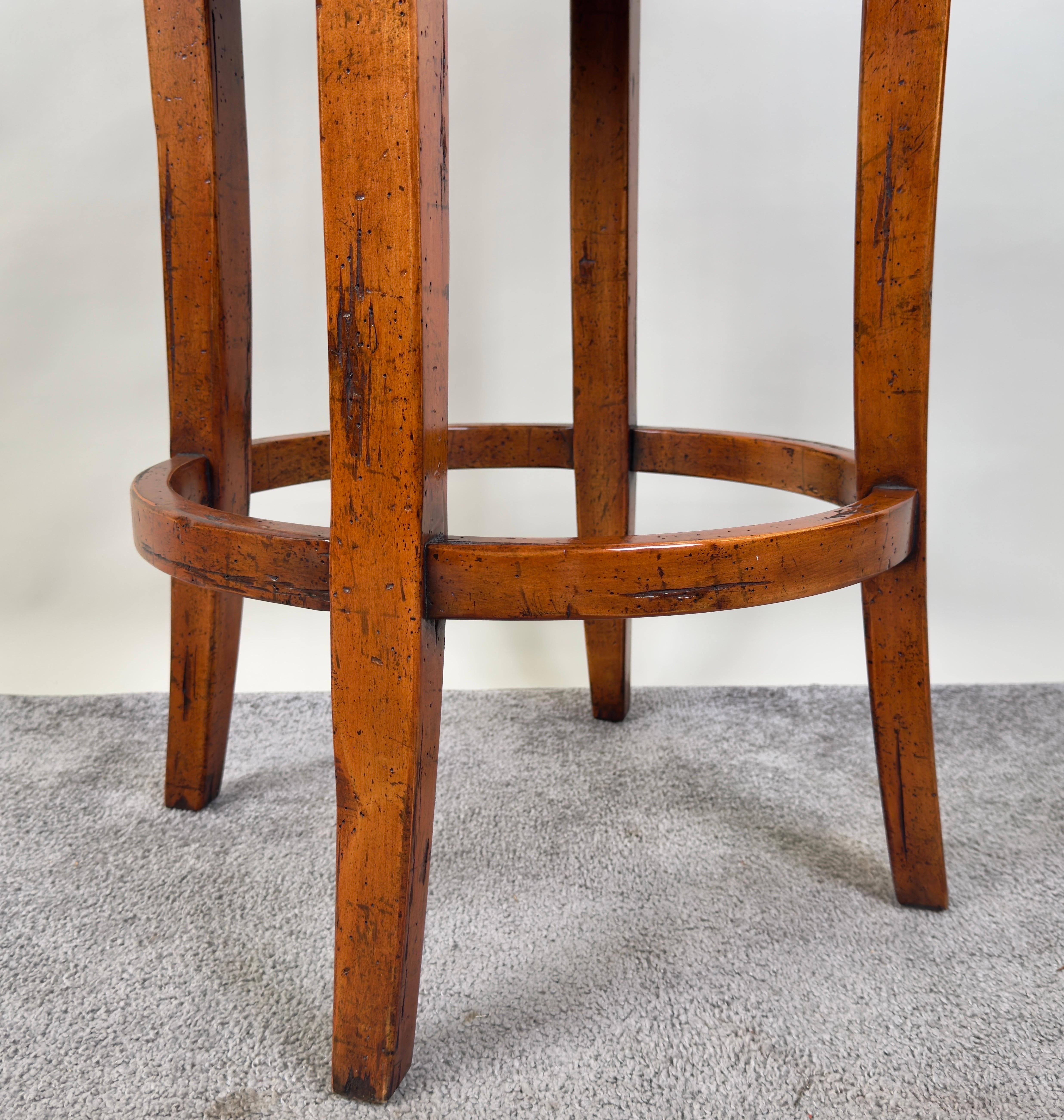 20th Century Biedermeier Style Oak Wood Swivel Bar Stool with Green Leather Seat, a Pair