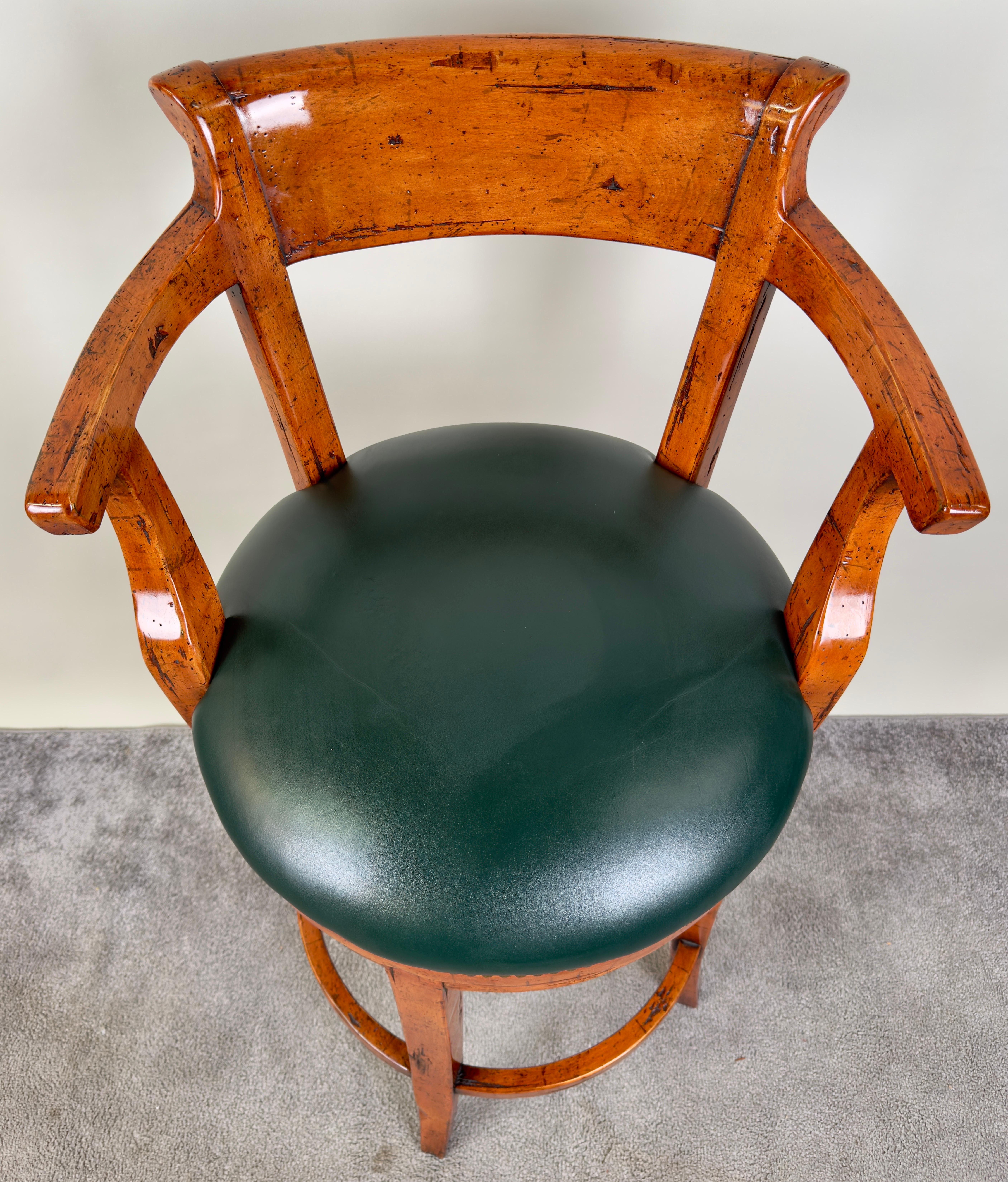 Biedermeier Style Oak Wood Swivel Bar Stool with Green Leather Seat, a Pair 2