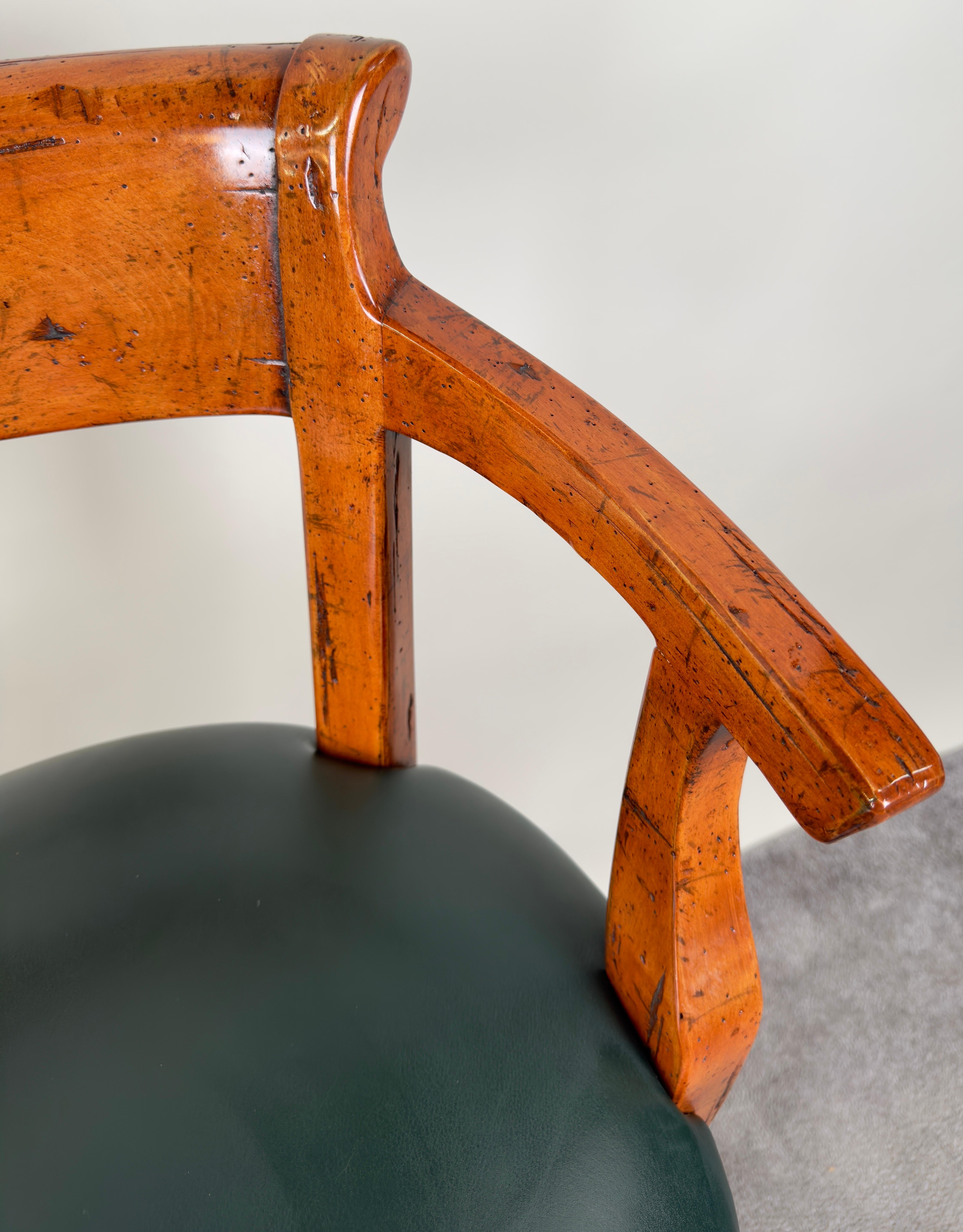 Biedermeier Style Oak Wood Swivel Bar Stool with Green Leather Seat, a Pair 4
