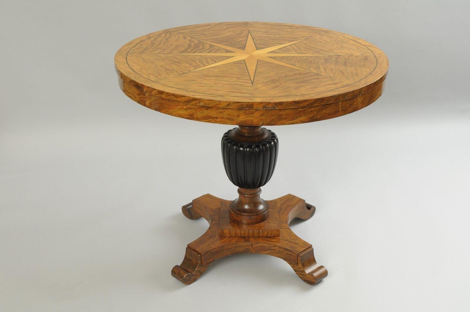 Biedermeier Style Round Center Table Star Inlaid Marquetry Burl Wood Veneer 5