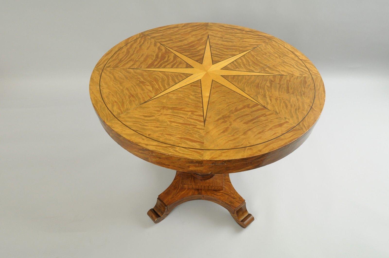 Biedermeier Style Round Center Table Star Inlaid Marquetry Burl Wood Veneer 7