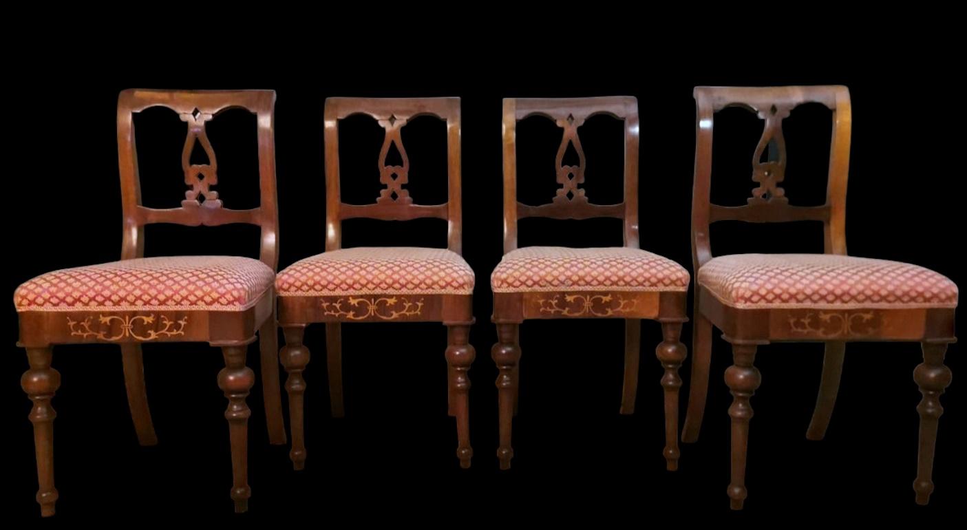 Hand-Crafted Biedermeier Style Set 4 Danish Chairs In Wood And Fabric For Sale