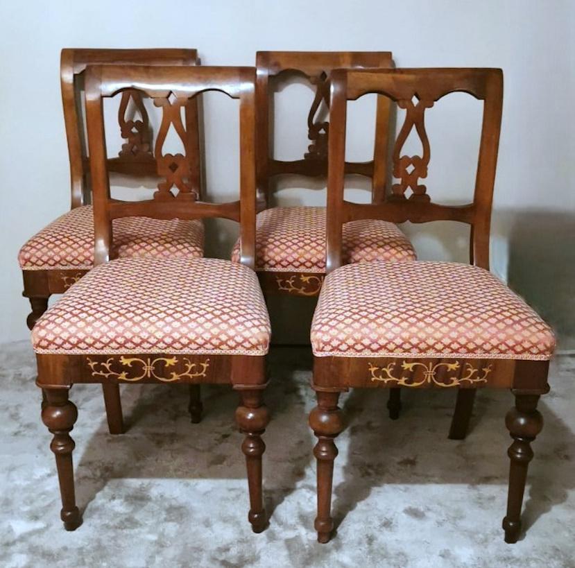 19th Century Biedermeier Style Set 4 Danish Chairs In Wood And Fabric For Sale