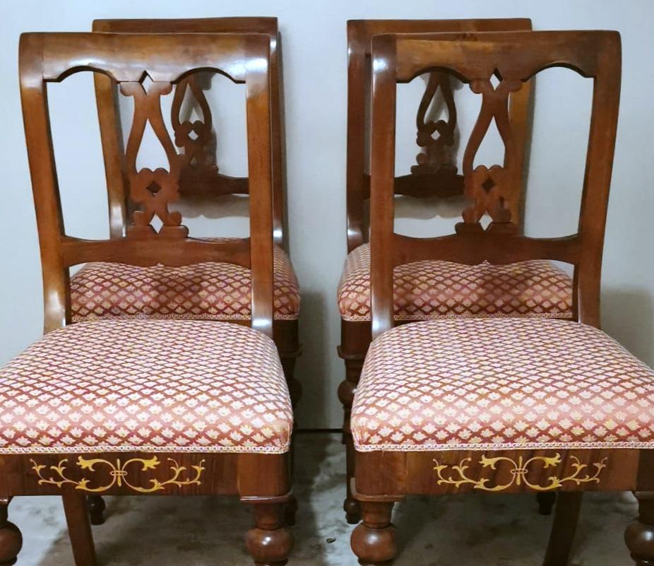 Biedermeier Style Set 4 Danish Chairs In Wood And Fabric For Sale 1