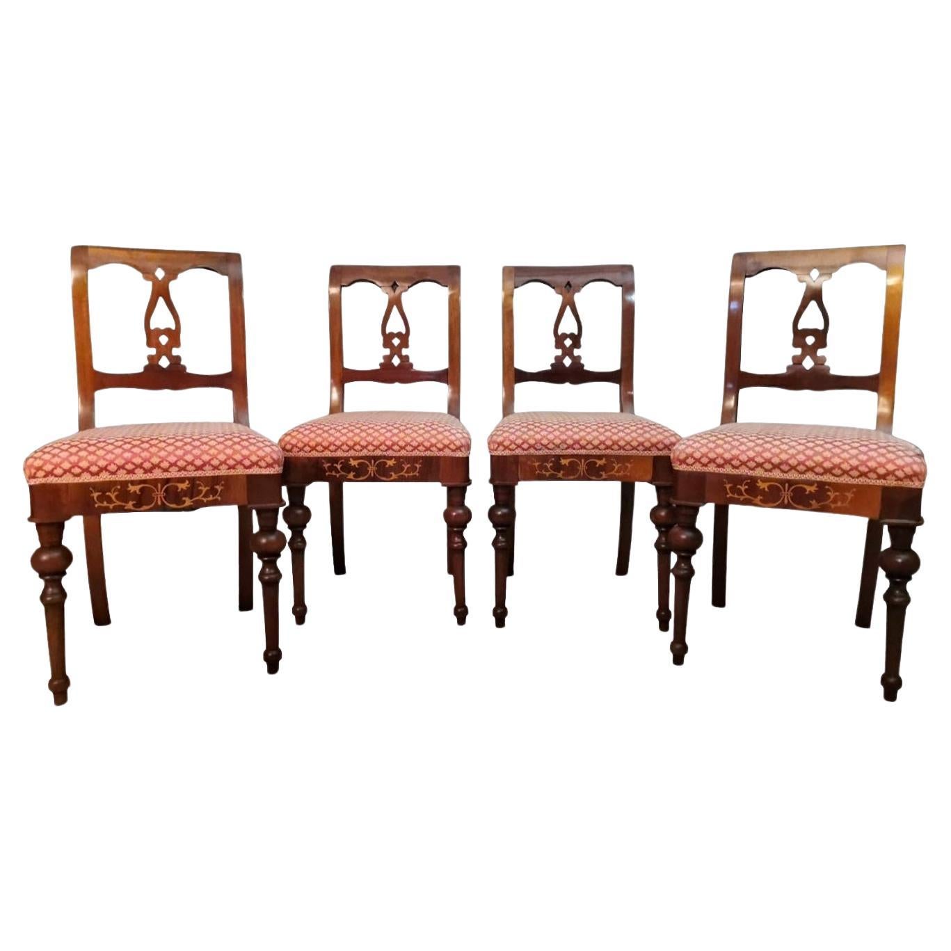 Biedermeier Style Set 4 Danish Chairs In Wood And Fabric For Sale