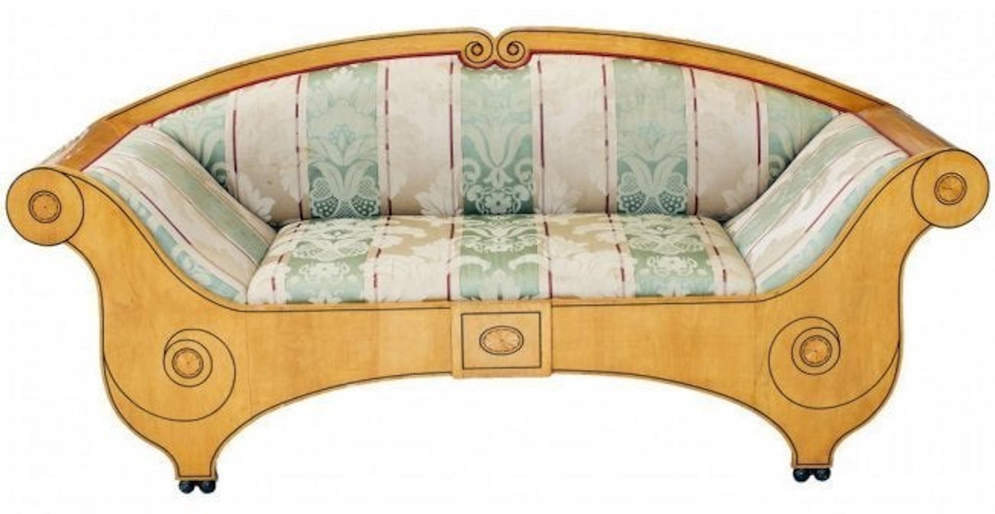 Biedermeier style Swedish neoclassical style aofa
The arched crest flanked by exaggerated out-scrolled ends, decorated with black-painted scrollwork with inlaid flower head terminals; upholstered in floral-patterned green damask.
Measures: Height