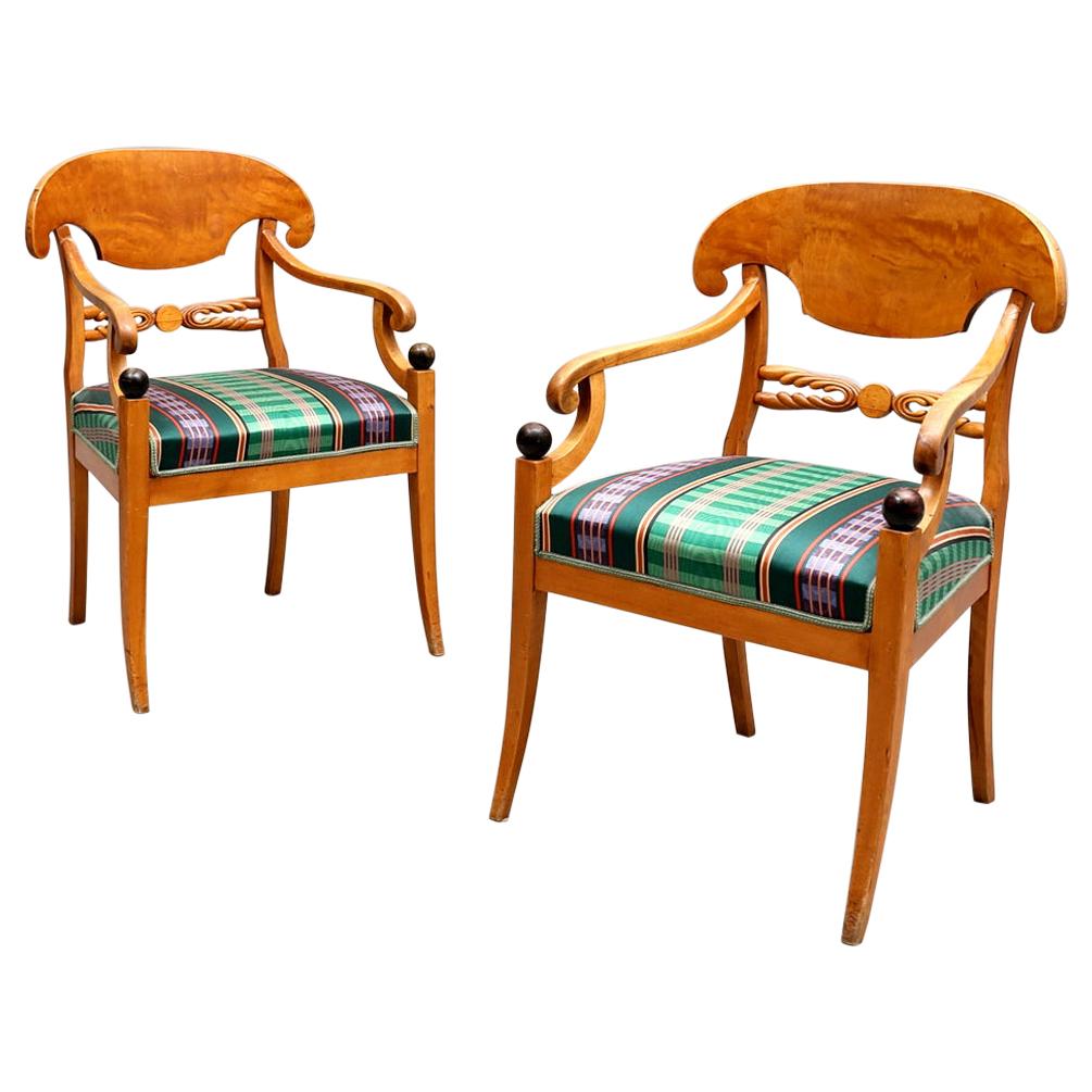 Biedermeier Swedish Carver Chairs 1800s Antique Honey Quilted Golden Birch
